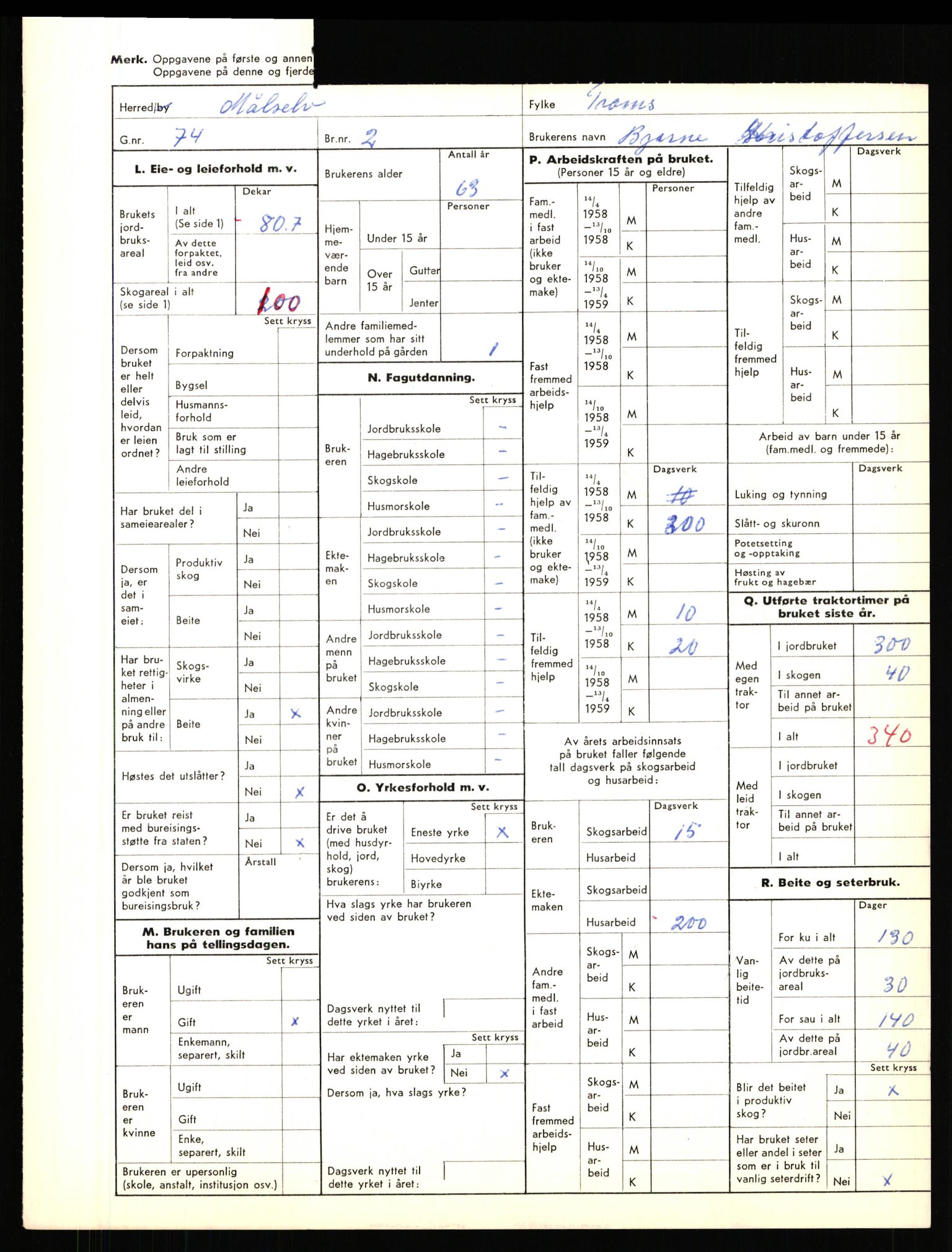 Statistisk sentralbyrå, Næringsøkonomiske emner, Jordbruk, skogbruk, jakt, fiske og fangst, AV/RA-S-2234/G/Gd/L0655: Troms: 1924 Målselv (kl. 4-10), 1959, p. 2180