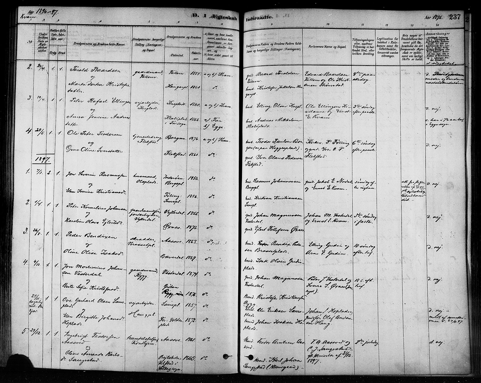 Ministerialprotokoller, klokkerbøker og fødselsregistre - Nord-Trøndelag, SAT/A-1458/746/L0449: Parish register (official) no. 746A07 /2, 1878-1899, p. 237