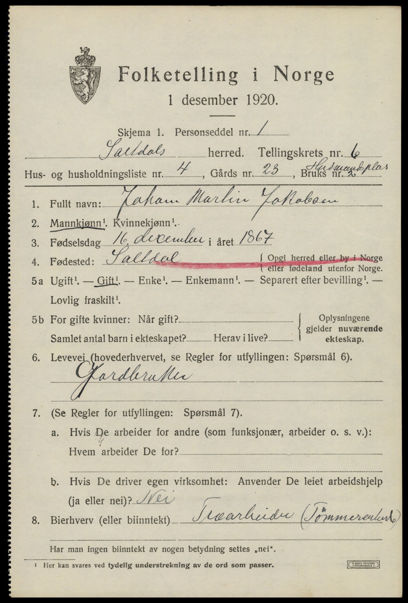 SAT, 1920 census for Saltdal, 1920, p. 7369