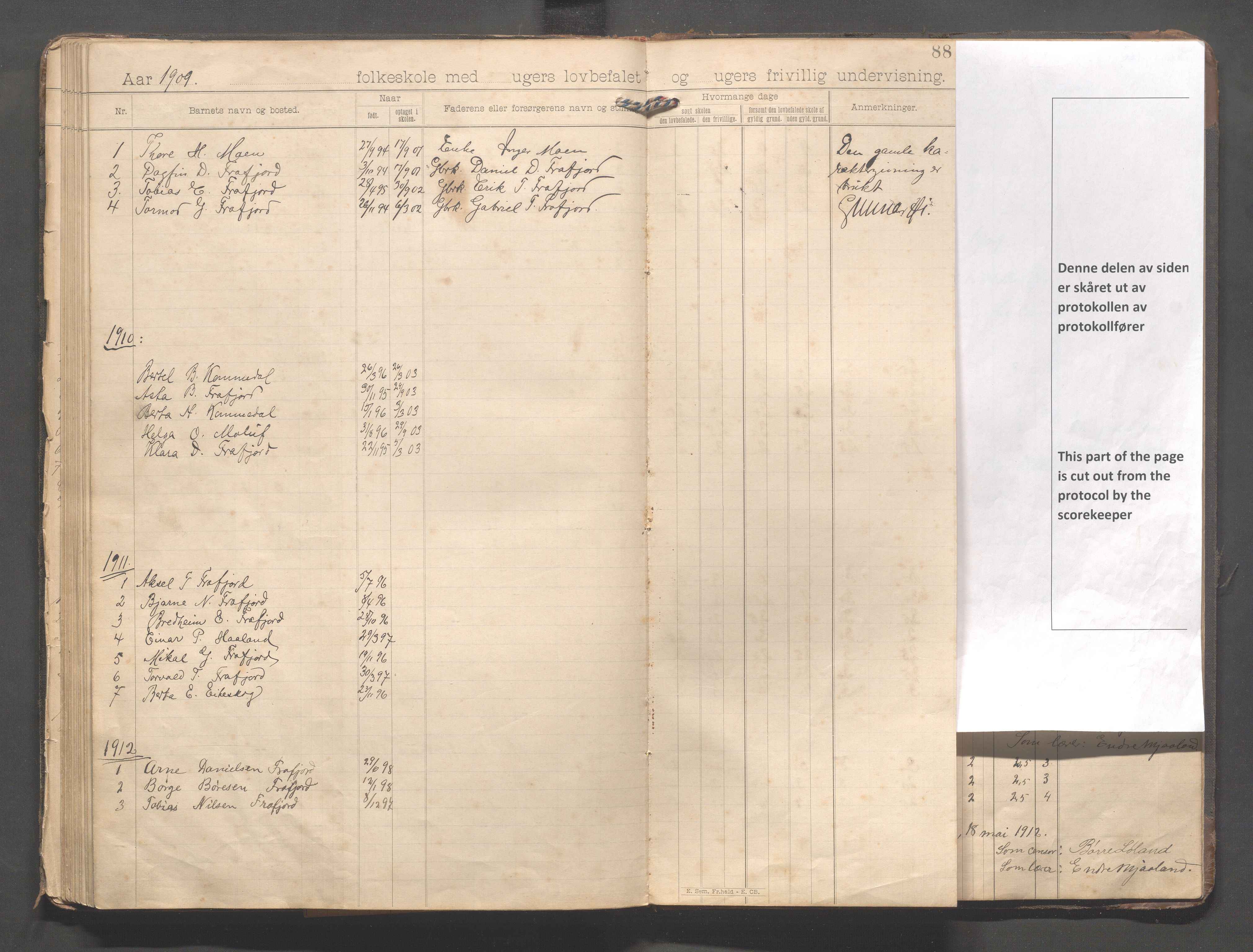 Forsand kommune - Frafjord skole, IKAR/K-101612/H/L0001: Skoleprotokoll - Kommedal, Mjåland, Frafjord, Frafjorddalen, 1894-1919, p. 88