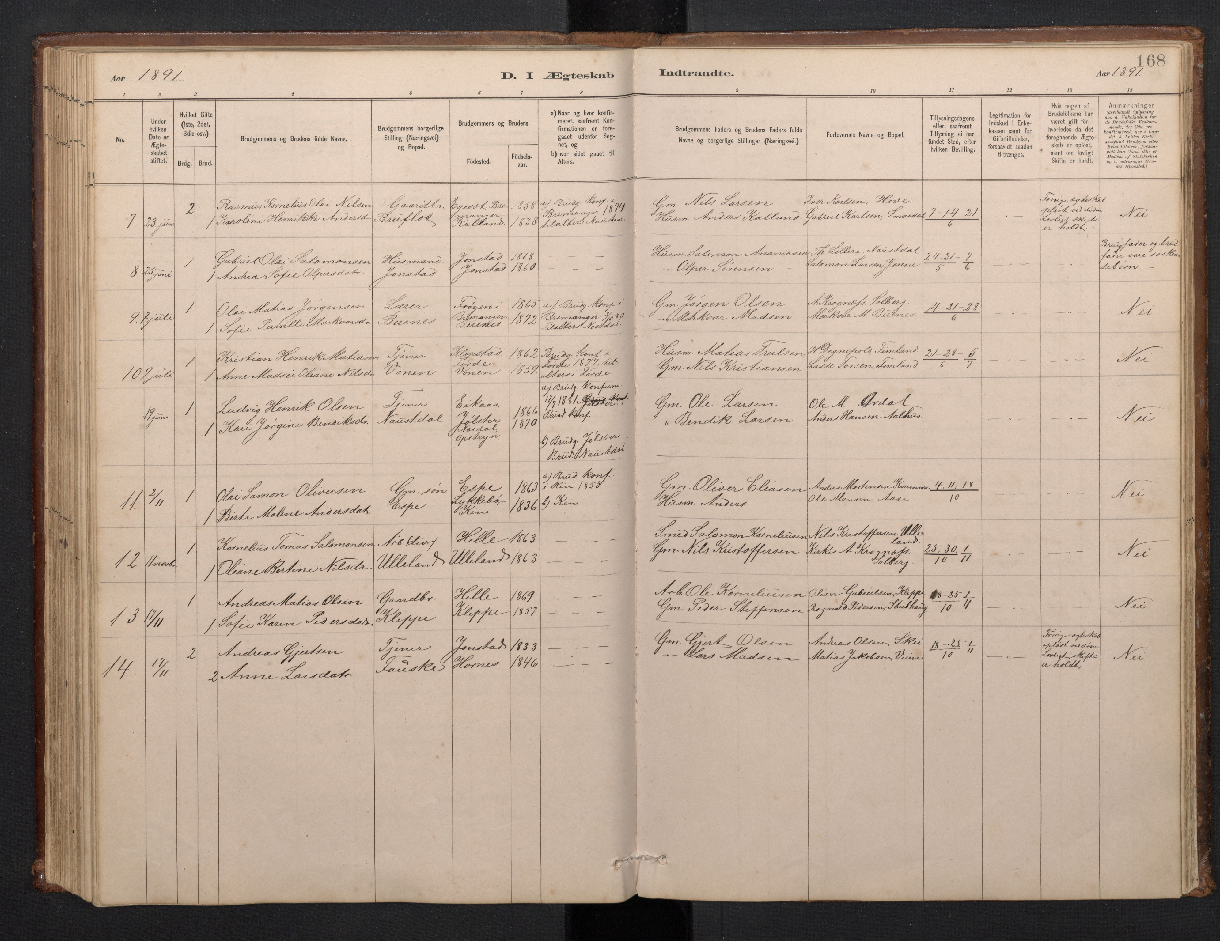Førde sokneprestembete, SAB/A-79901/H/Hab/Habd/L0003: Parish register (copy) no. D 3, 1881-1897, p. 167b-168a