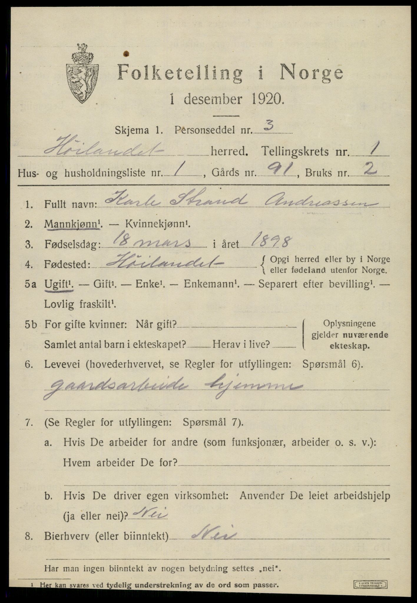 SAT, 1920 census for Høylandet, 1920, p. 458