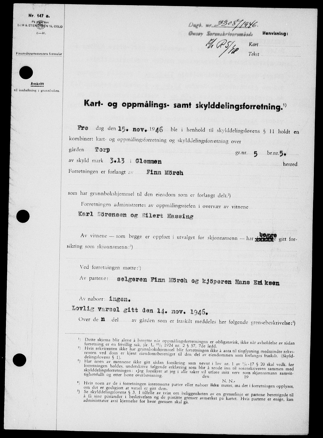 Onsøy sorenskriveri, SAO/A-10474/G/Ga/Gab/L0018: Mortgage book no. II A-18, 1946-1947, Diary no: : 3308/1946