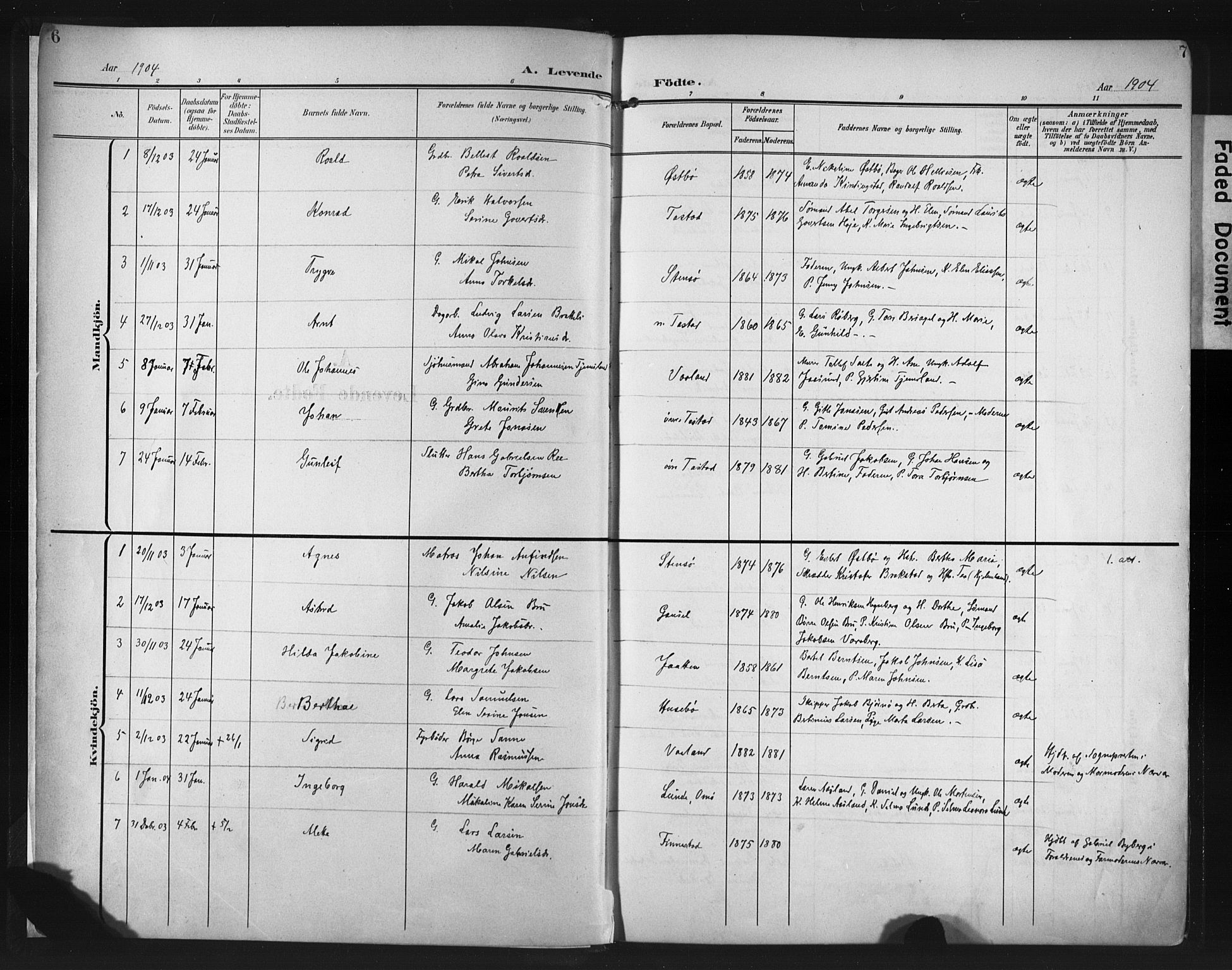 Hetland sokneprestkontor, SAST/A-101826/30/30BA/L0013: Parish register (official) no. A 13, 1904-1918, p. 6-7