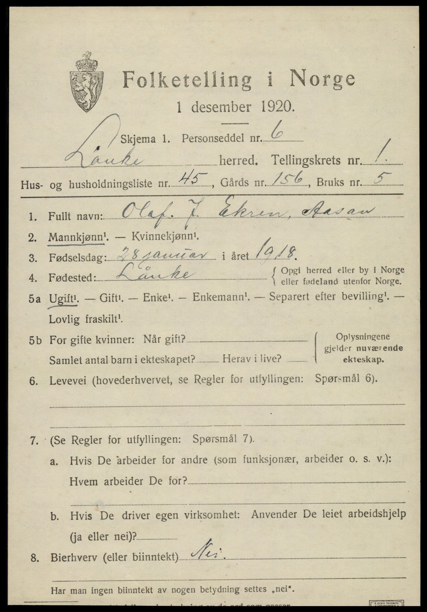 SAT, 1920 census for Lånke, 1920, p. 1034