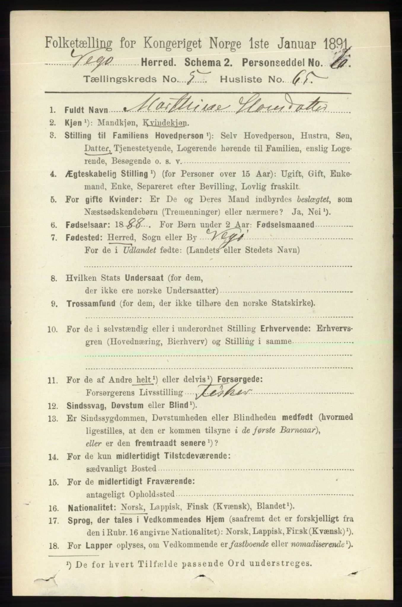 RA, 1891 census for 1815 Vega, 1891, p. 2521