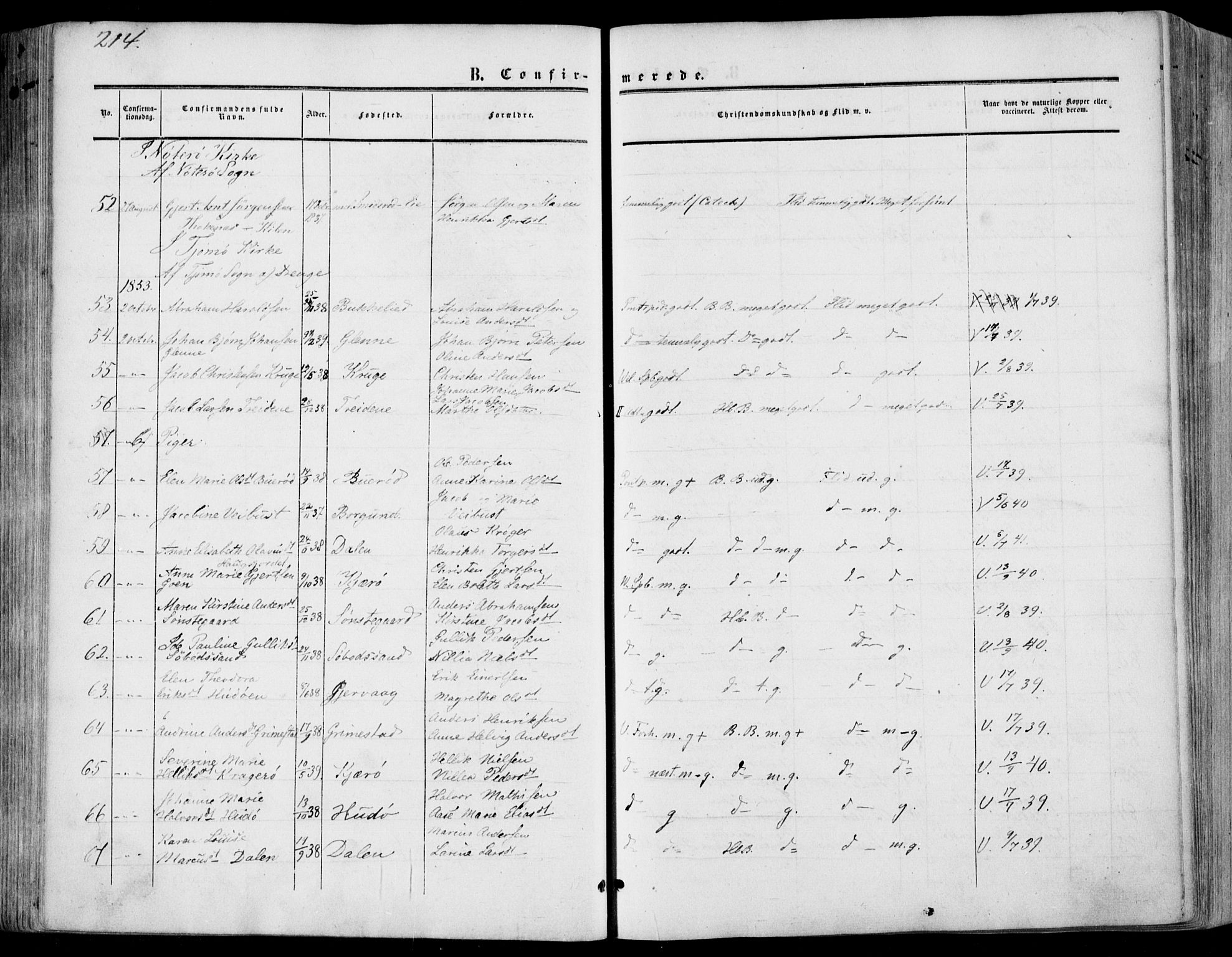 Nøtterøy kirkebøker, AV/SAKO-A-354/F/Fa/L0006: Parish register (official) no. I 6, 1852-1864, p. 214