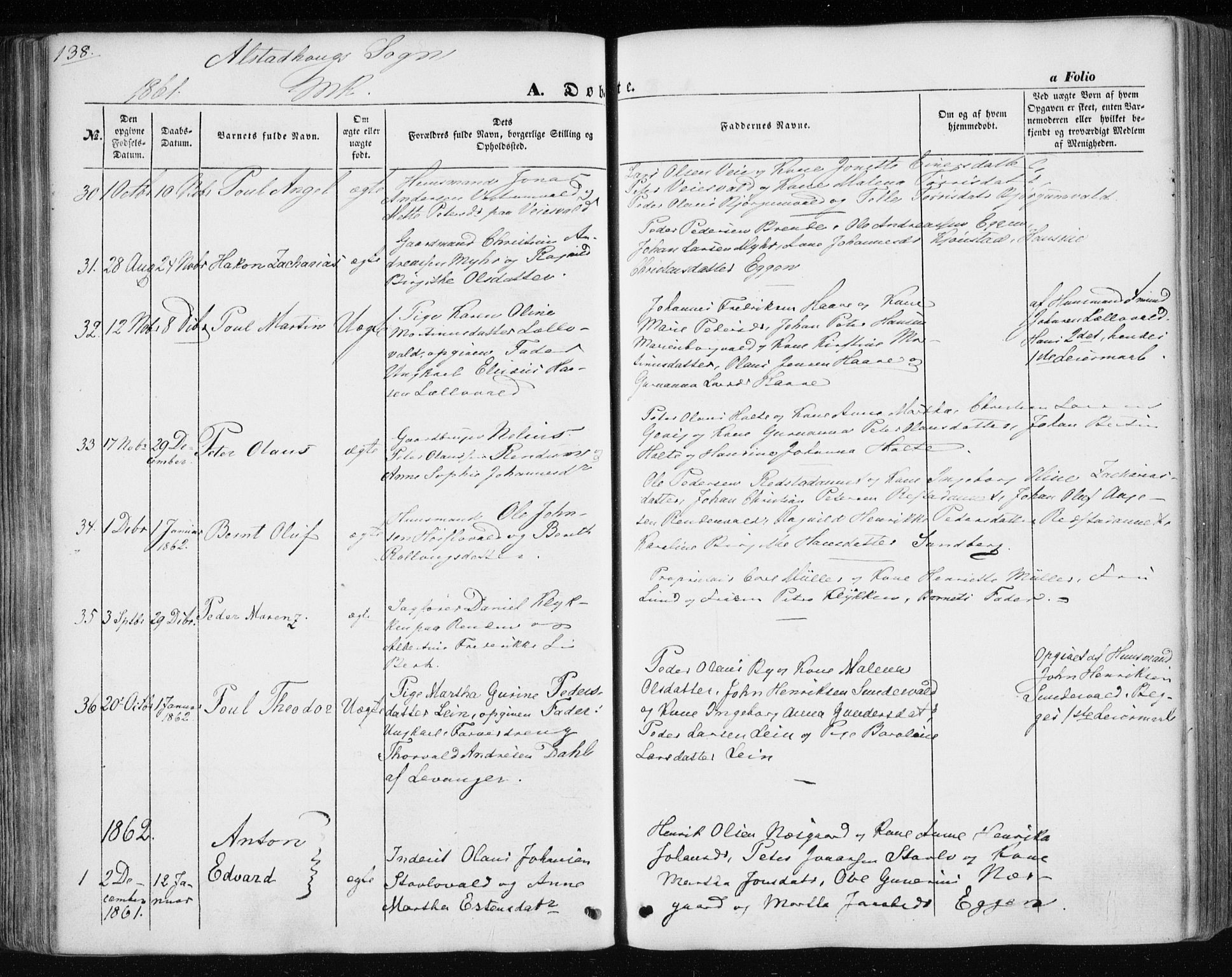 Ministerialprotokoller, klokkerbøker og fødselsregistre - Nord-Trøndelag, AV/SAT-A-1458/717/L0154: Parish register (official) no. 717A07 /1, 1850-1862, p. 138