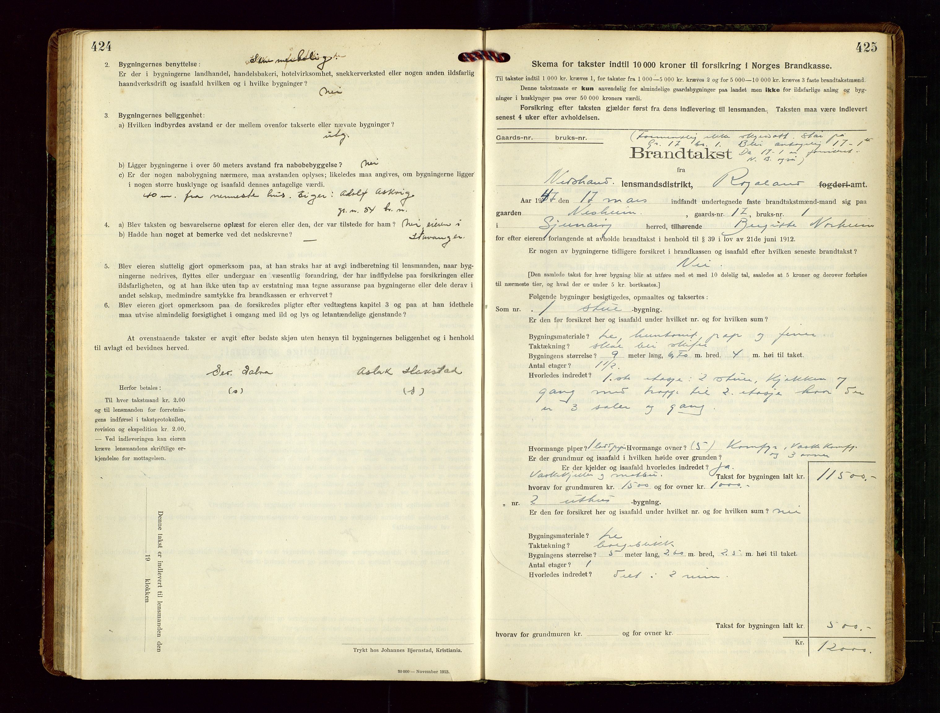 Nedstrand lensmannskontor, SAST/A-100236/Gob/L0002: "Brandtakstprotokol for Nerstrand lensmandsdistrikt Rogaland Fylke", 1916-1949, p. 424-425