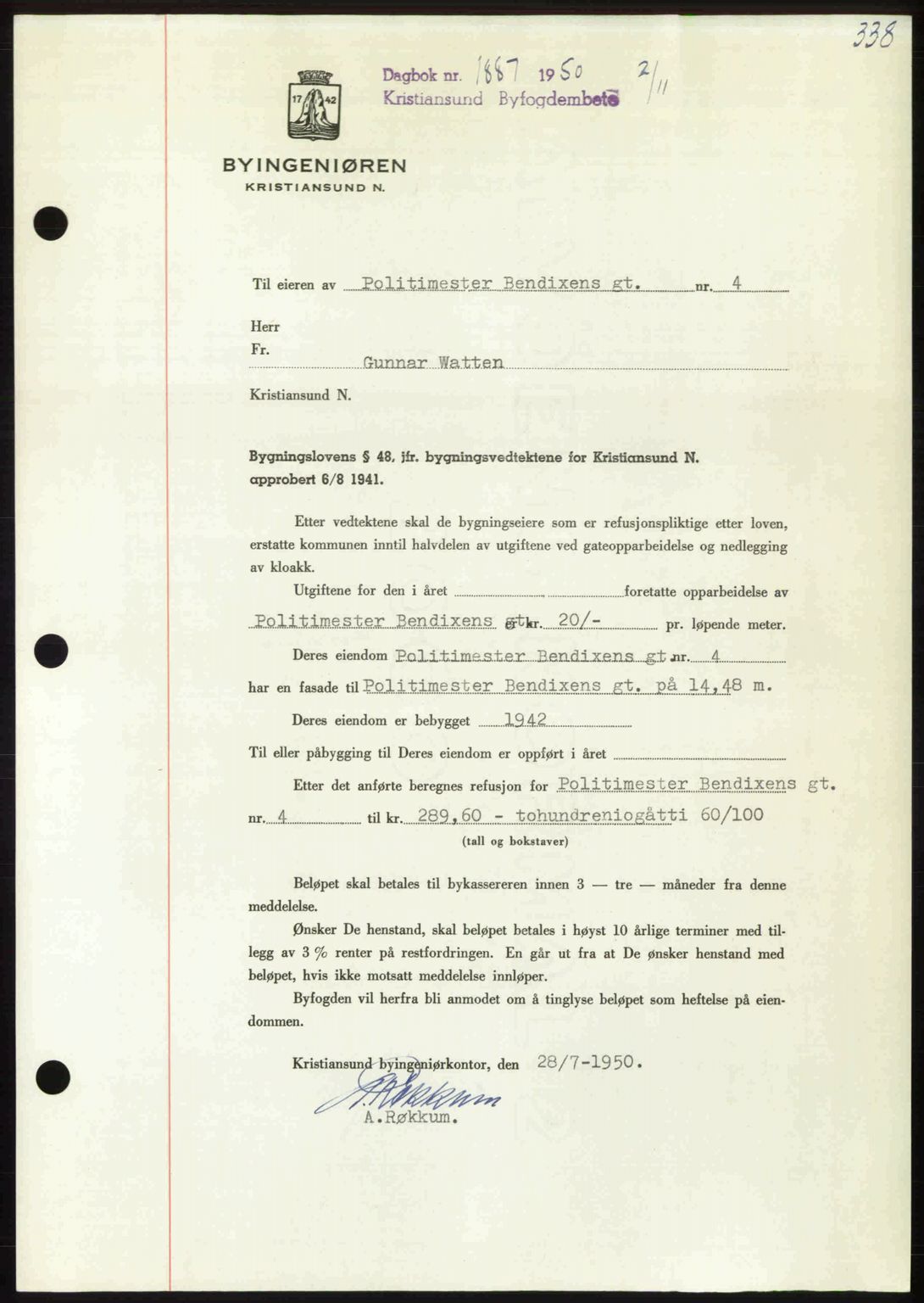 Kristiansund byfogd, AV/SAT-A-4587/A/27: Mortgage book no. 50, 1950-1950, Diary no: : 1887/1950