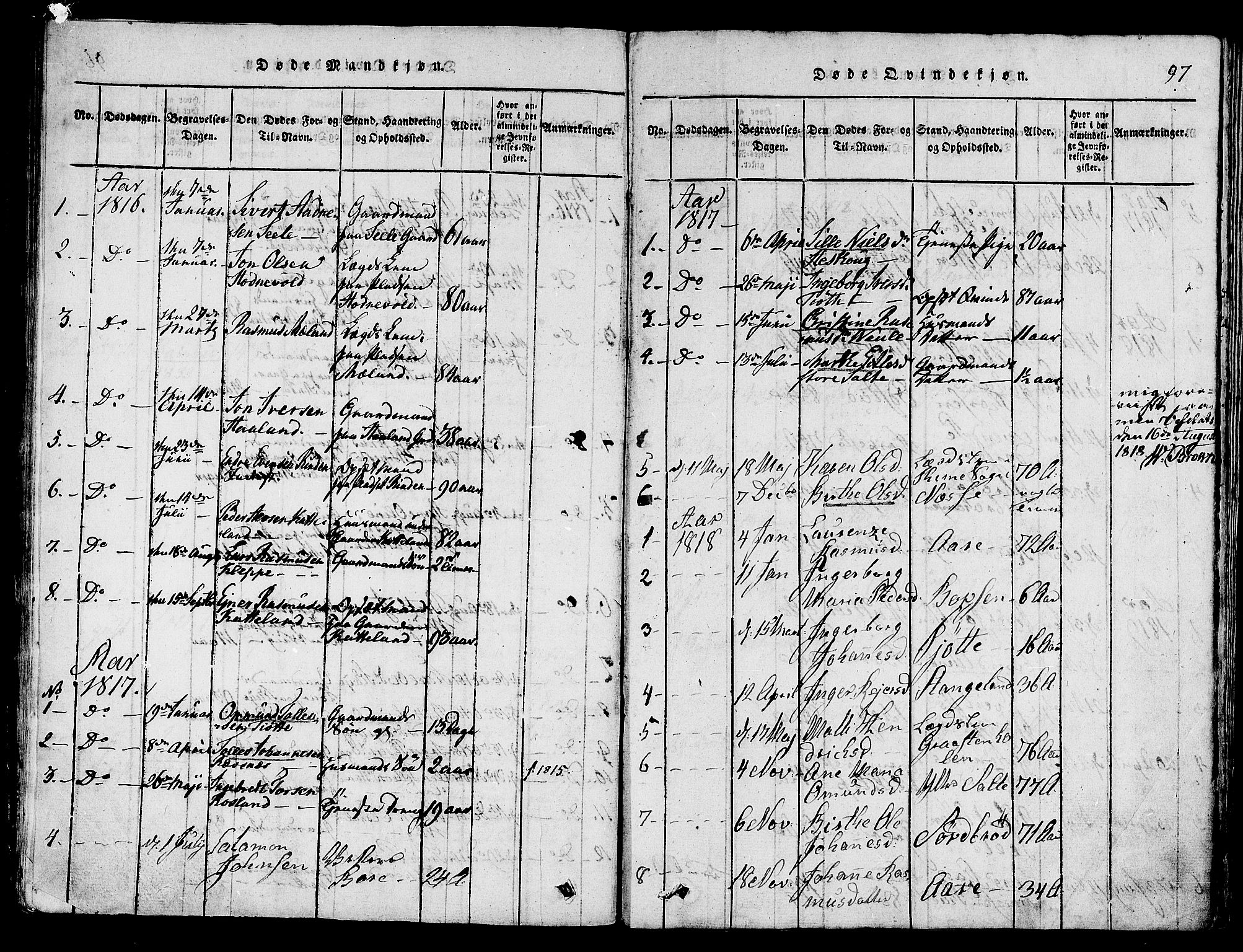 Klepp sokneprestkontor, SAST/A-101803/001/3/30BA/L0002: Parish register (official) no. A 2, 1816-1833, p. 97