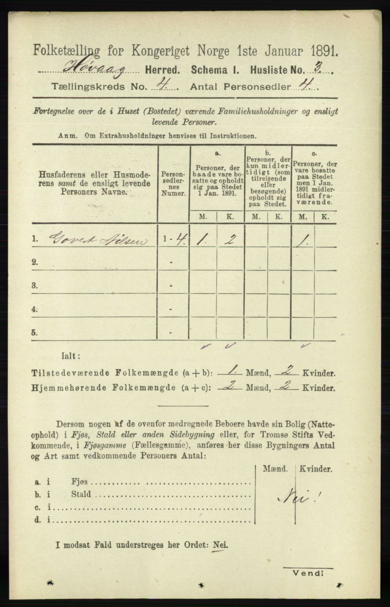 RA, 1891 census for 0927 Høvåg, 1891, p. 1457