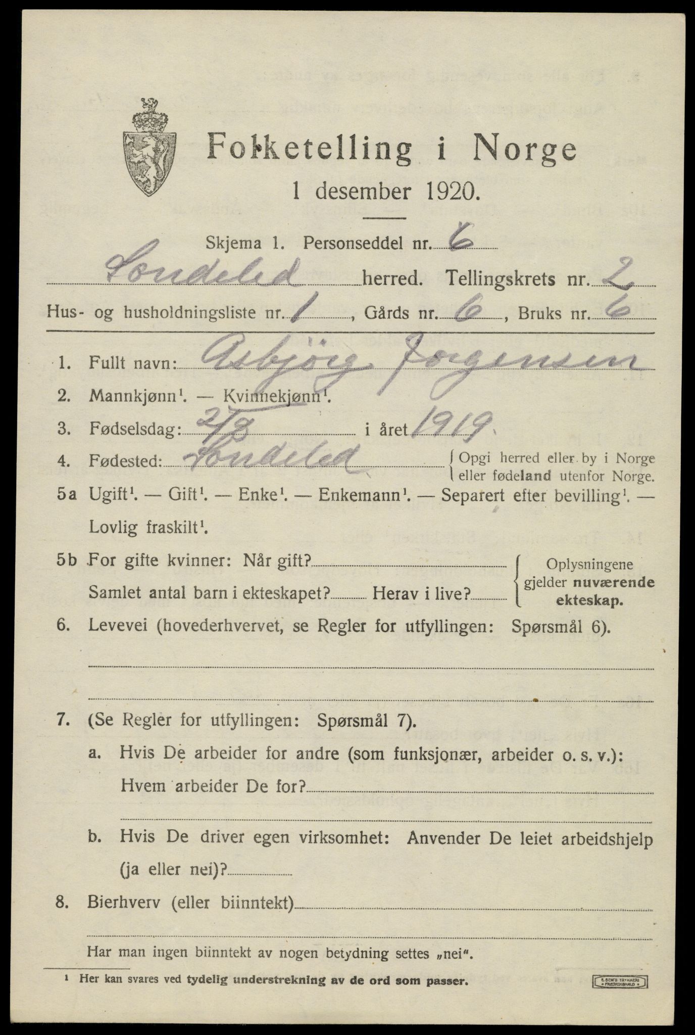 SAK, 1920 census for Søndeled, 1920, p. 1729