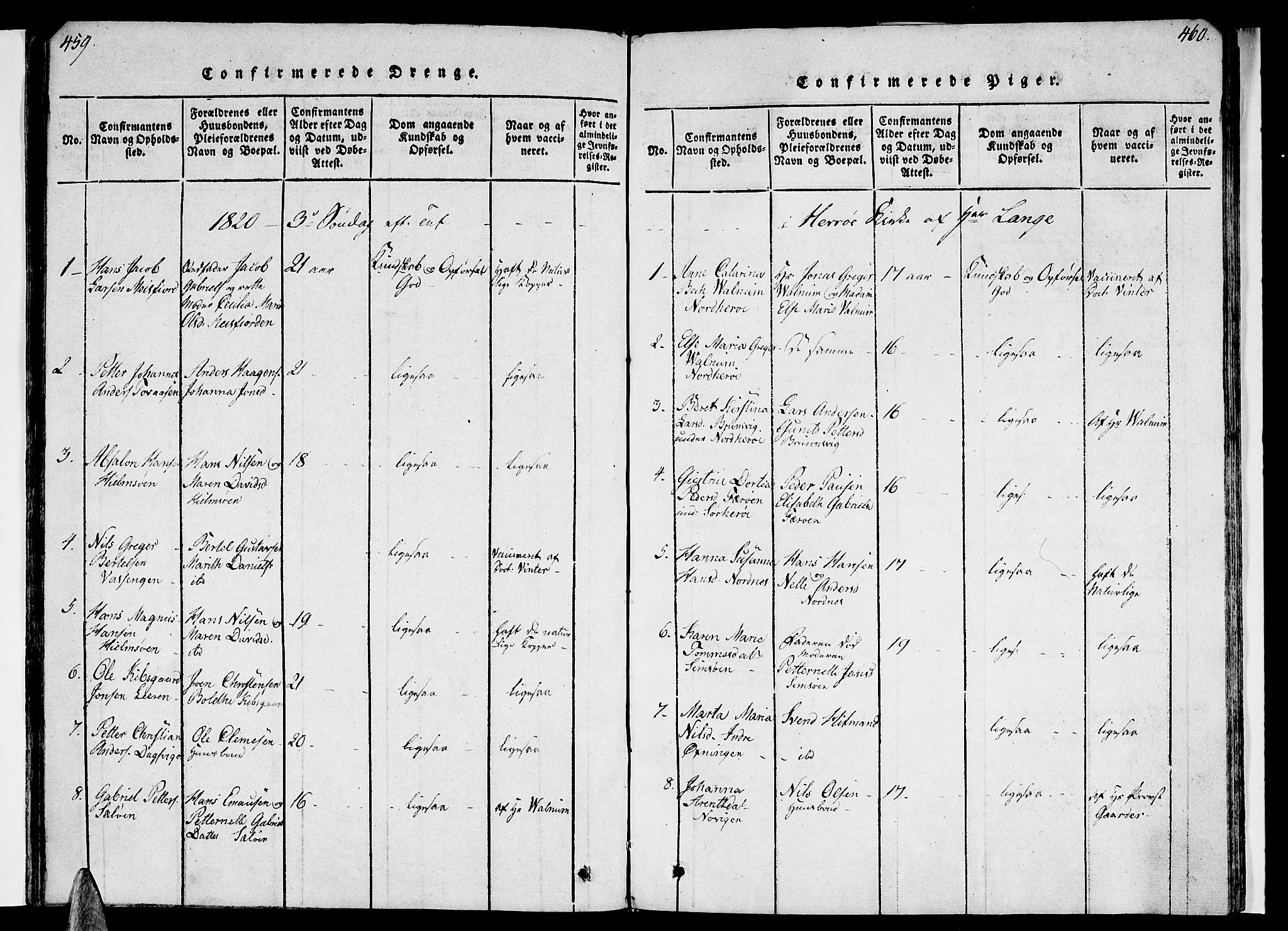 Ministerialprotokoller, klokkerbøker og fødselsregistre - Nordland, SAT/A-1459/830/L0445: Parish register (official) no. 830A09, 1820-1830, p. 459-460
