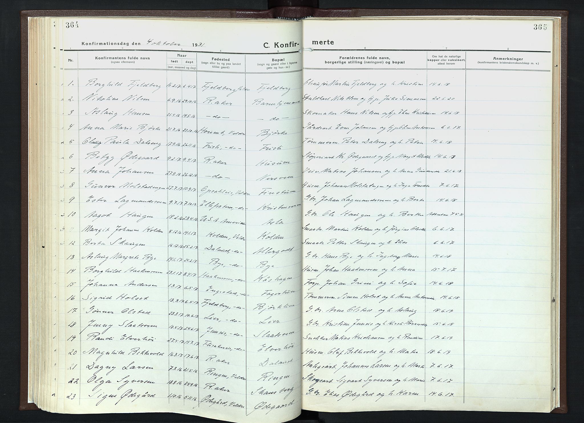 Veldre prestekontor, AV/SAH-PREST-018/K/Ka/L0001: Parish register (official) no. 1, 1921-1934, p. 364-365