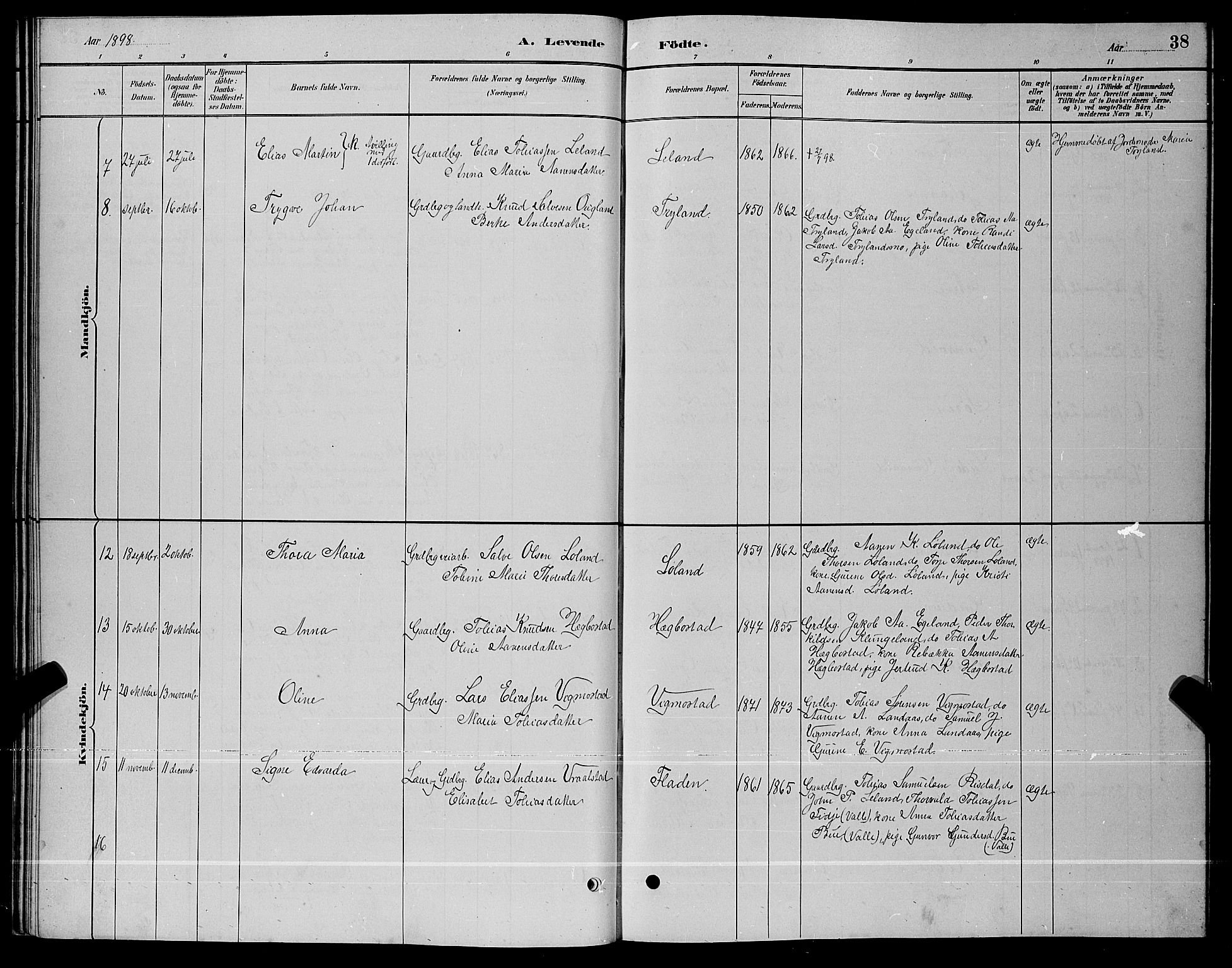 Nord-Audnedal sokneprestkontor, SAK/1111-0032/F/Fb/Fbb/L0003: Parish register (copy) no. B 3, 1882-1900, p. 38