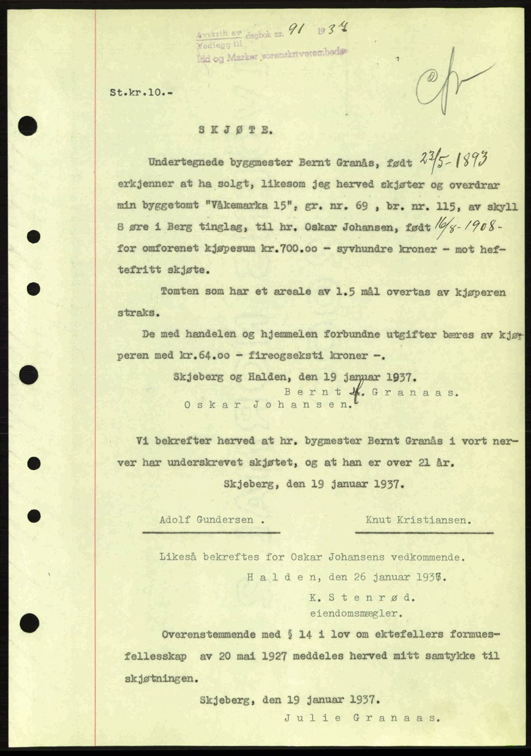 Idd og Marker sorenskriveri, AV/SAO-A-10283/G/Gb/Gbb/L0001: Mortgage book no. A1, 1936-1937, Diary no: : 91/1937