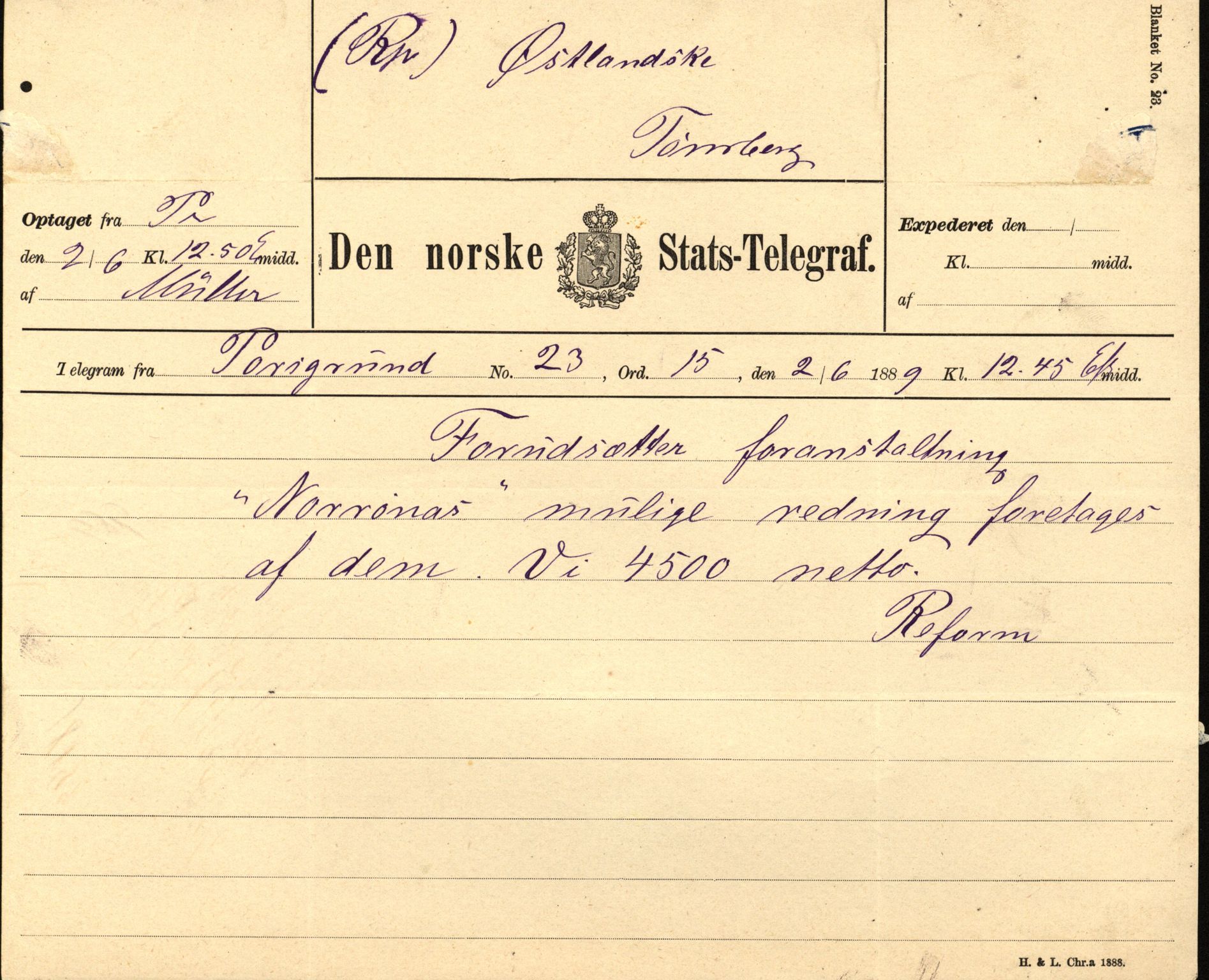 Pa 63 - Østlandske skibsassuranceforening, VEMU/A-1079/G/Ga/L0024/0001: Havaridokumenter / Norrøna, Phønic, Monark, Johan Dahll, Josephine, 1889, p. 3