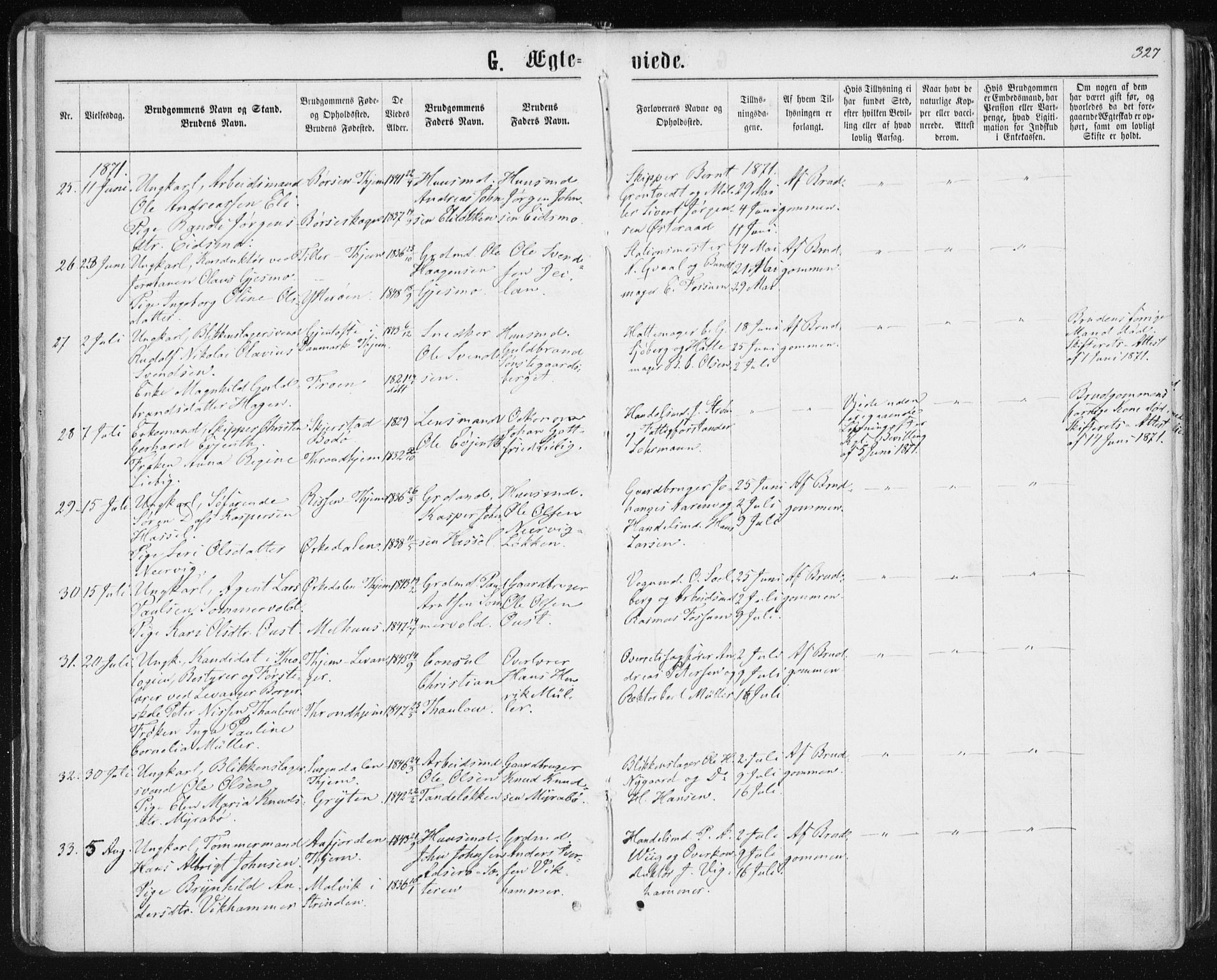 Ministerialprotokoller, klokkerbøker og fødselsregistre - Sør-Trøndelag, SAT/A-1456/601/L0055: Parish register (official) no. 601A23, 1866-1877, p. 327
