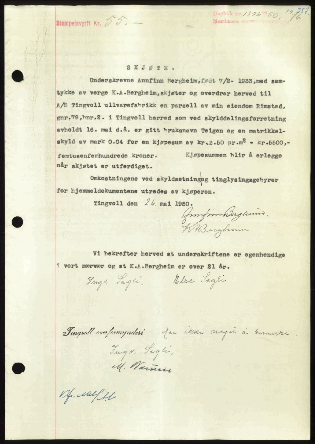 Nordmøre sorenskriveri, AV/SAT-A-4132/1/2/2Ca: Mortgage book no. A115, 1950-1950, Diary no: : 1826/1950