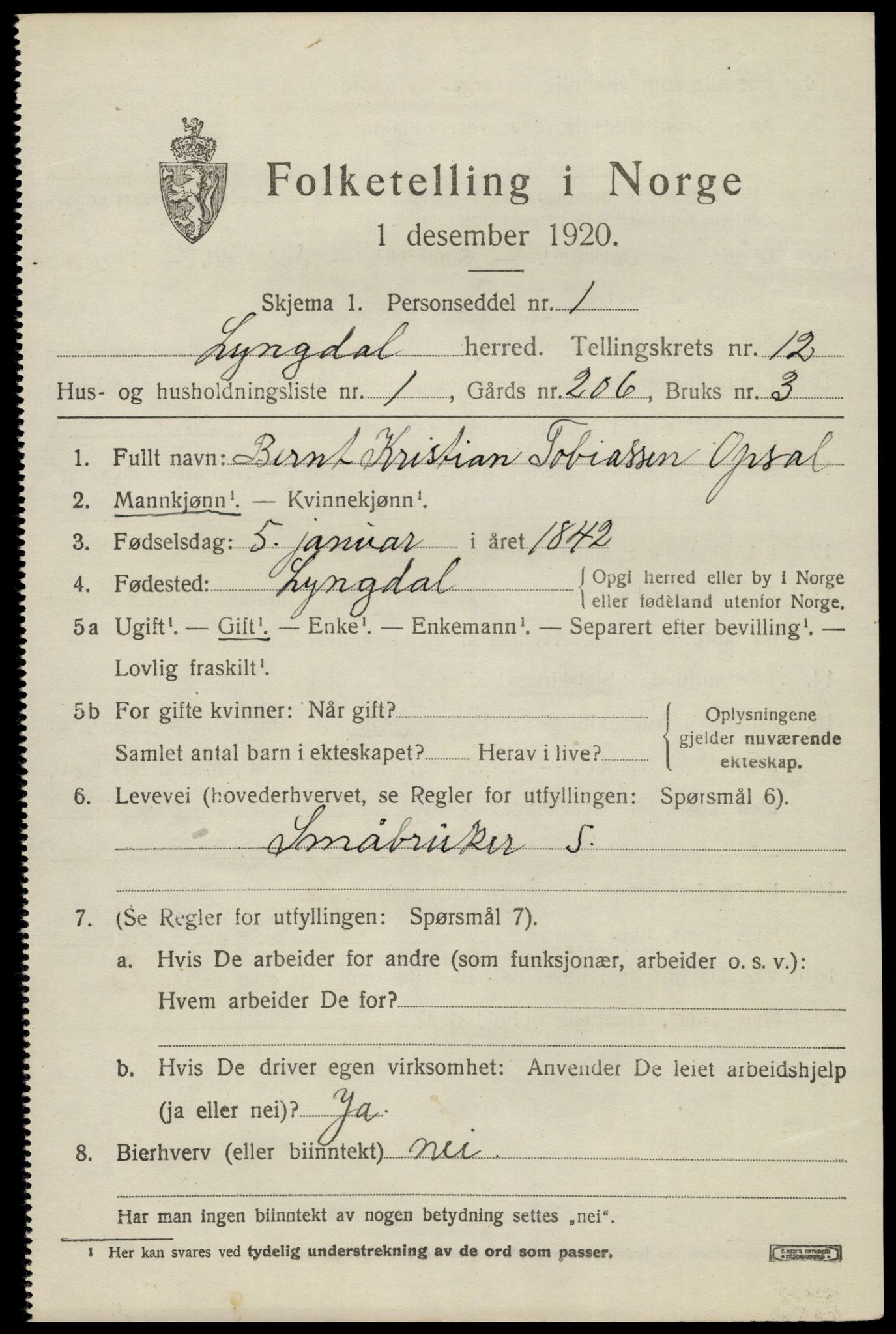 SAK, 1920 census for Lyngdal, 1920, p. 5489