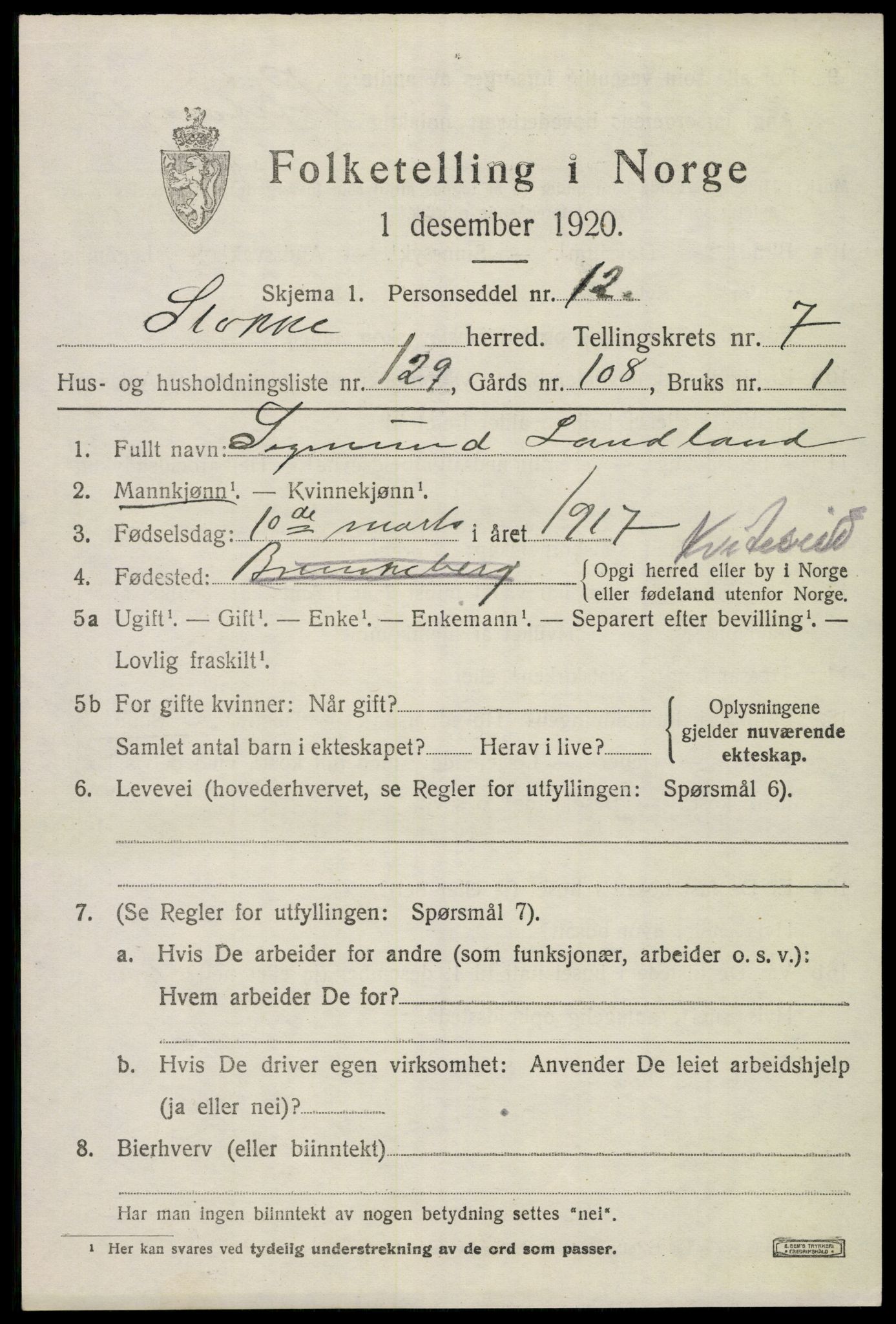 SAKO, 1920 census for Stokke, 1920, p. 9290