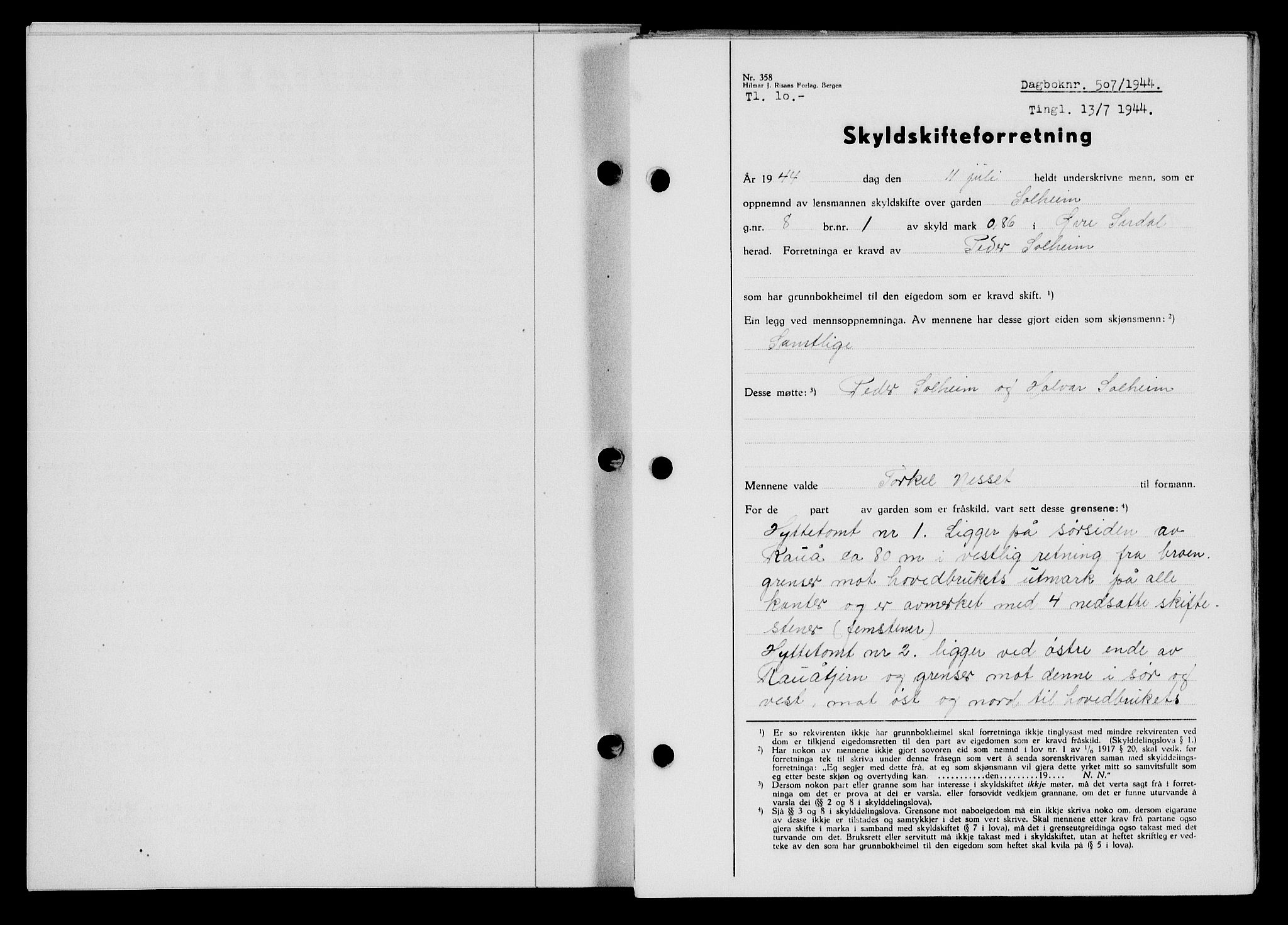 Flekkefjord sorenskriveri, SAK/1221-0001/G/Gb/Gba/L0059: Mortgage book no. A-7, 1944-1945, Diary no: : 507/1944
