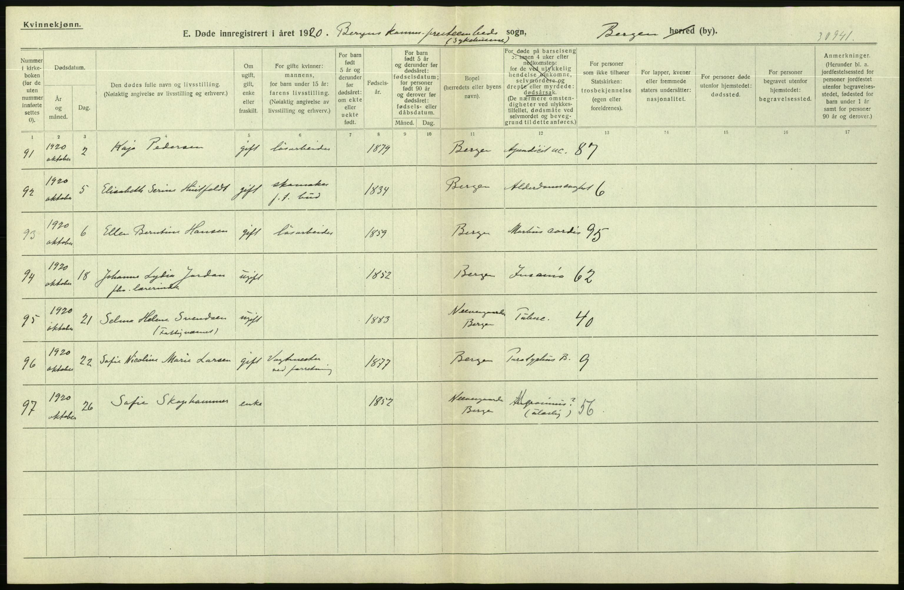 Statistisk sentralbyrå, Sosiodemografiske emner, Befolkning, AV/RA-S-2228/D/Df/Dfb/Dfbj/L0042: Bergen: Gifte, døde, dødfødte., 1920, p. 354