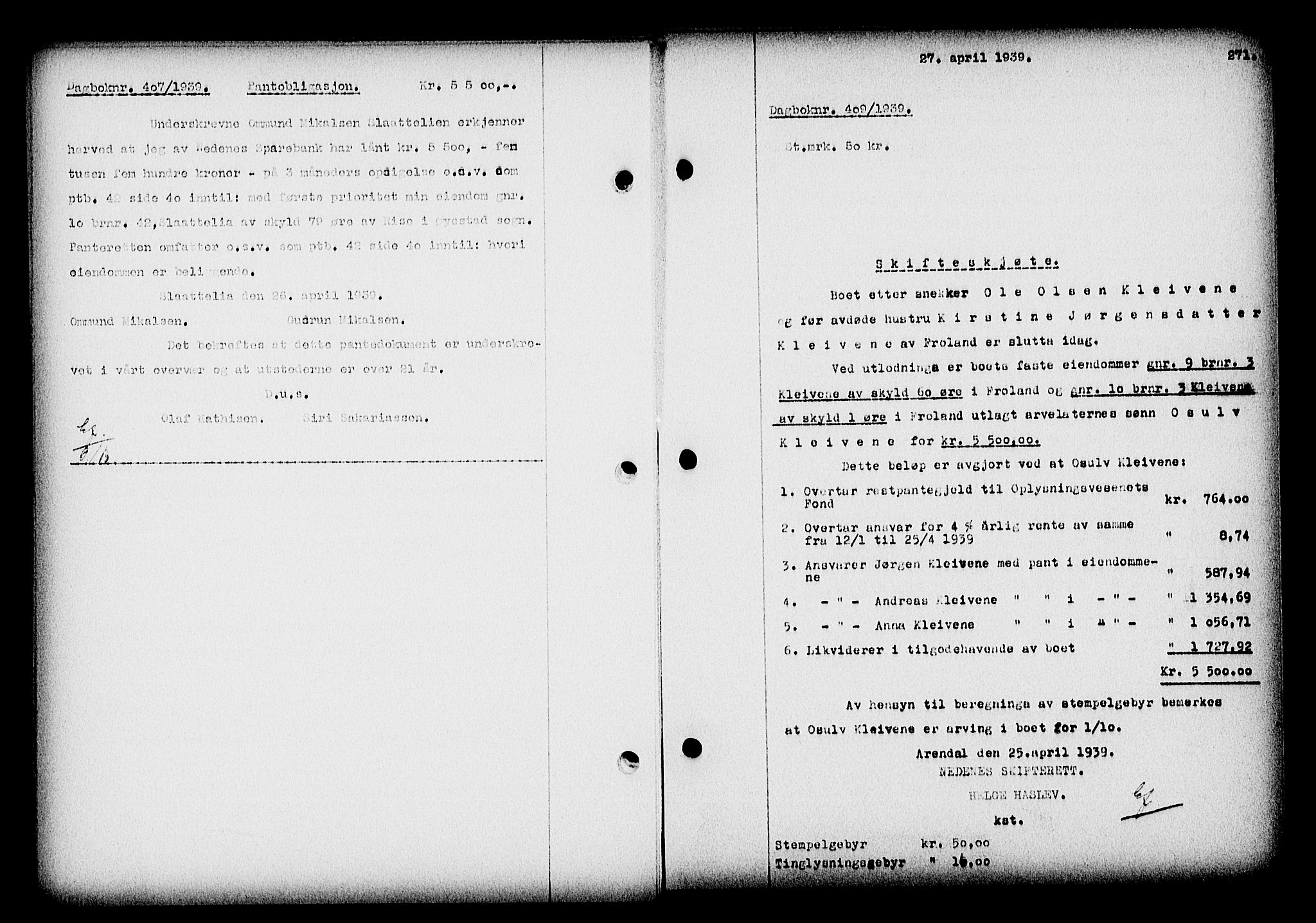 Nedenes sorenskriveri, SAK/1221-0006/G/Gb/Gba/L0046: Mortgage book no. 42, 1938-1939, Diary no: : 409/1939