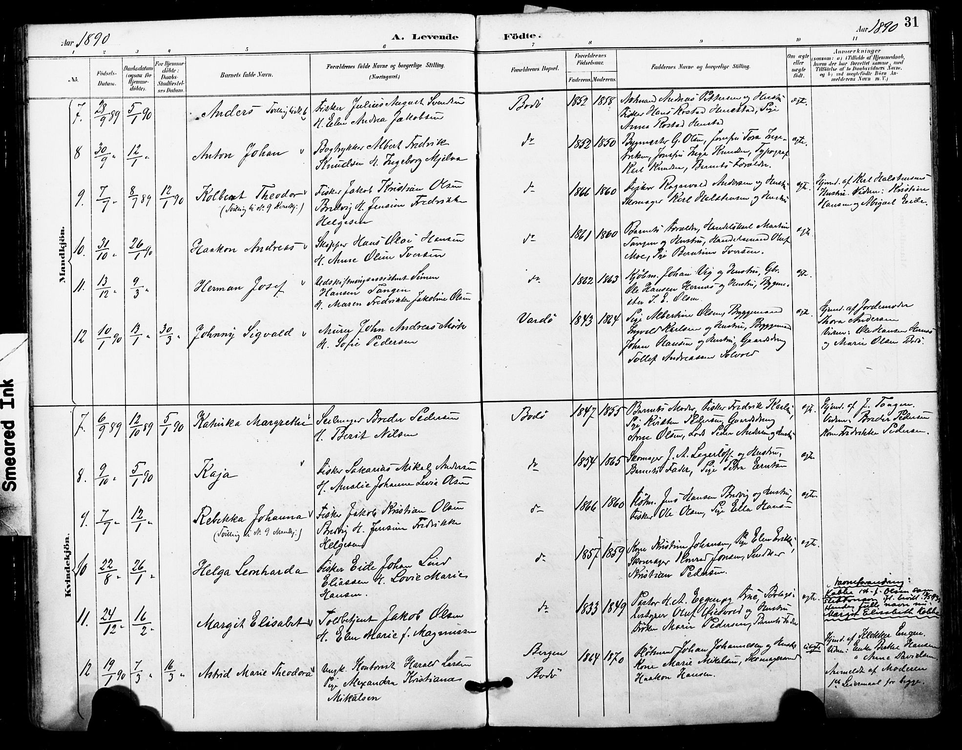 Ministerialprotokoller, klokkerbøker og fødselsregistre - Nordland, AV/SAT-A-1459/801/L0010: Parish register (official) no. 801A10, 1888-1899, p. 31