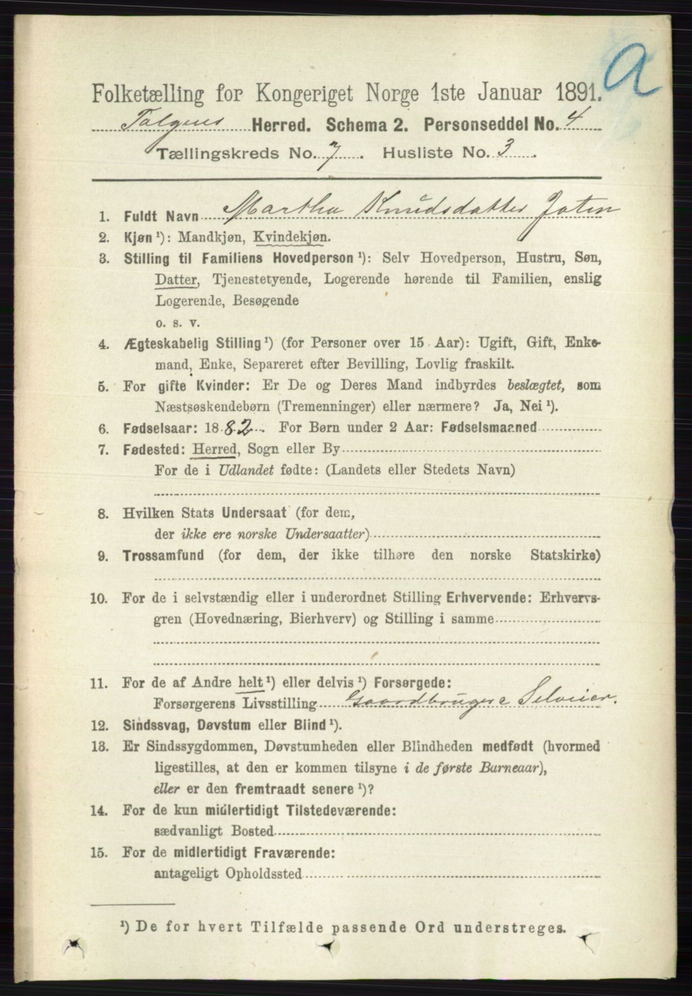 RA, 1891 census for 0436 Tolga, 1891, p. 2039