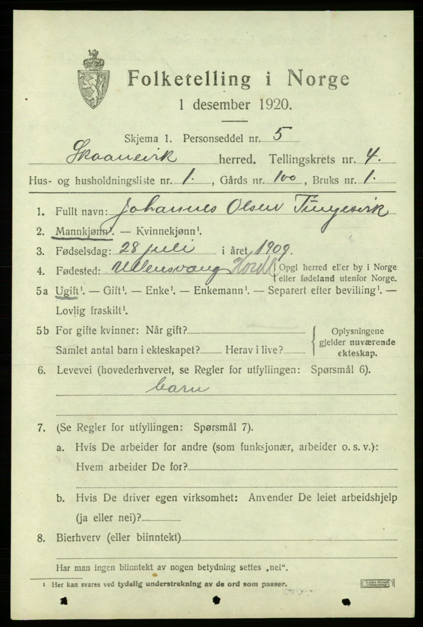 SAB, 1920 census for Skånevik, 1920, p. 3313