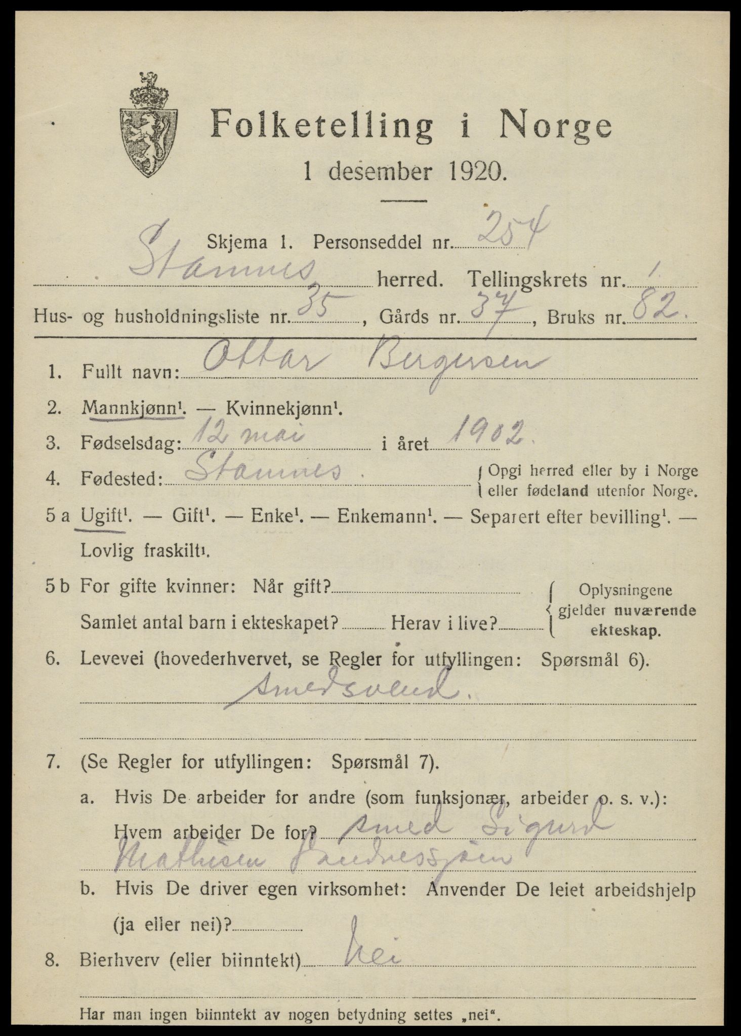 SAT, 1920 census for Stamnes, 1920, p. 1074