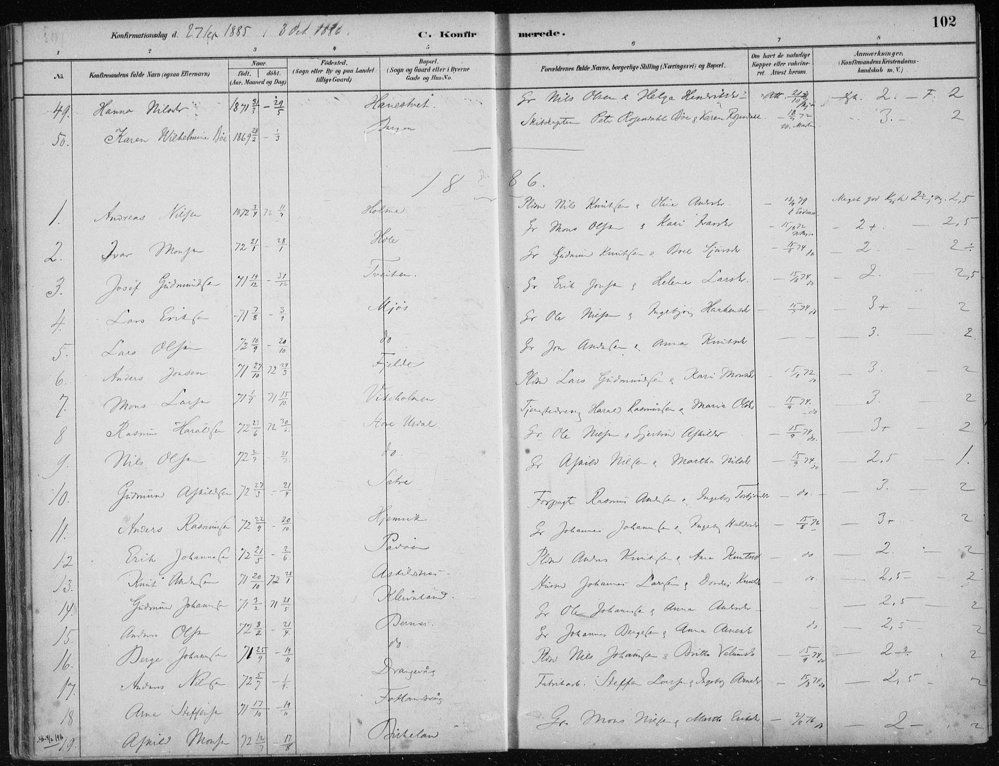 Hosanger sokneprestembete, AV/SAB-A-75801/H/Haa: Parish register (official) no. B  1, 1880-1896, p. 102