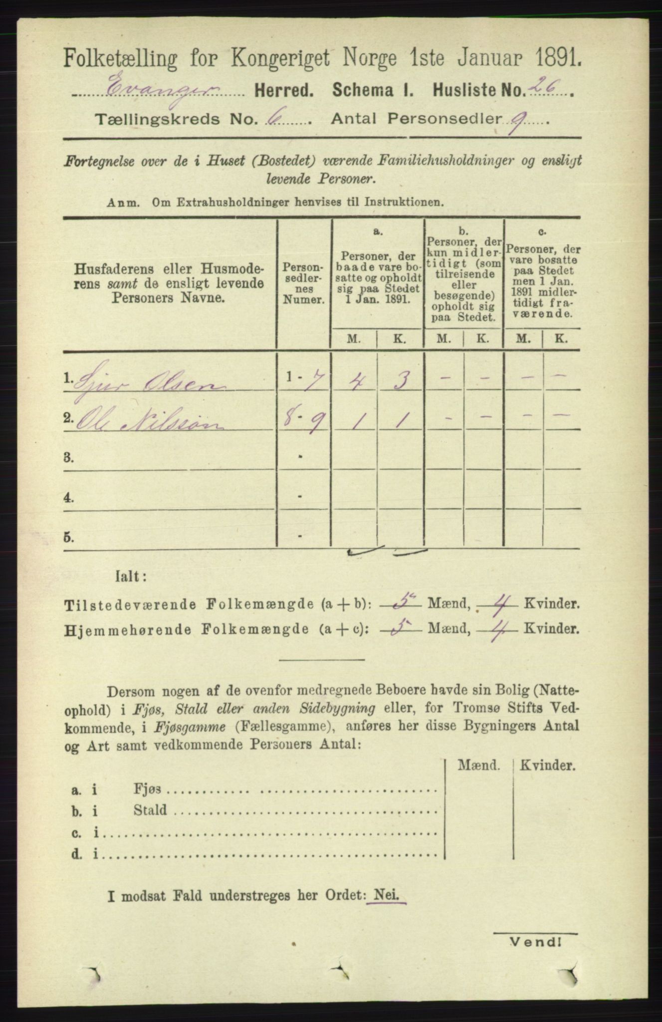 RA, 1891 census for 1237 Evanger, 1891, p. 1605