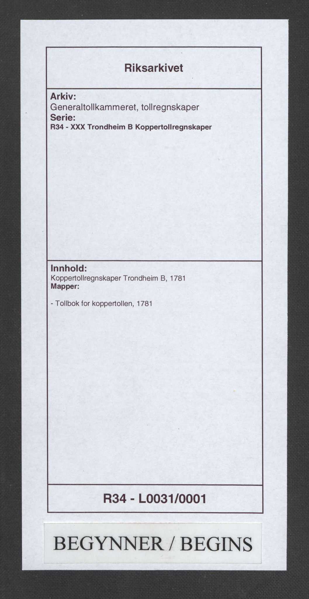 Generaltollkammeret, tollregnskaper, AV/RA-EA-5490/R34/L0031/0001: Koppertollregnskaper Trondheim B / Tollbok for koppertollen, 1781