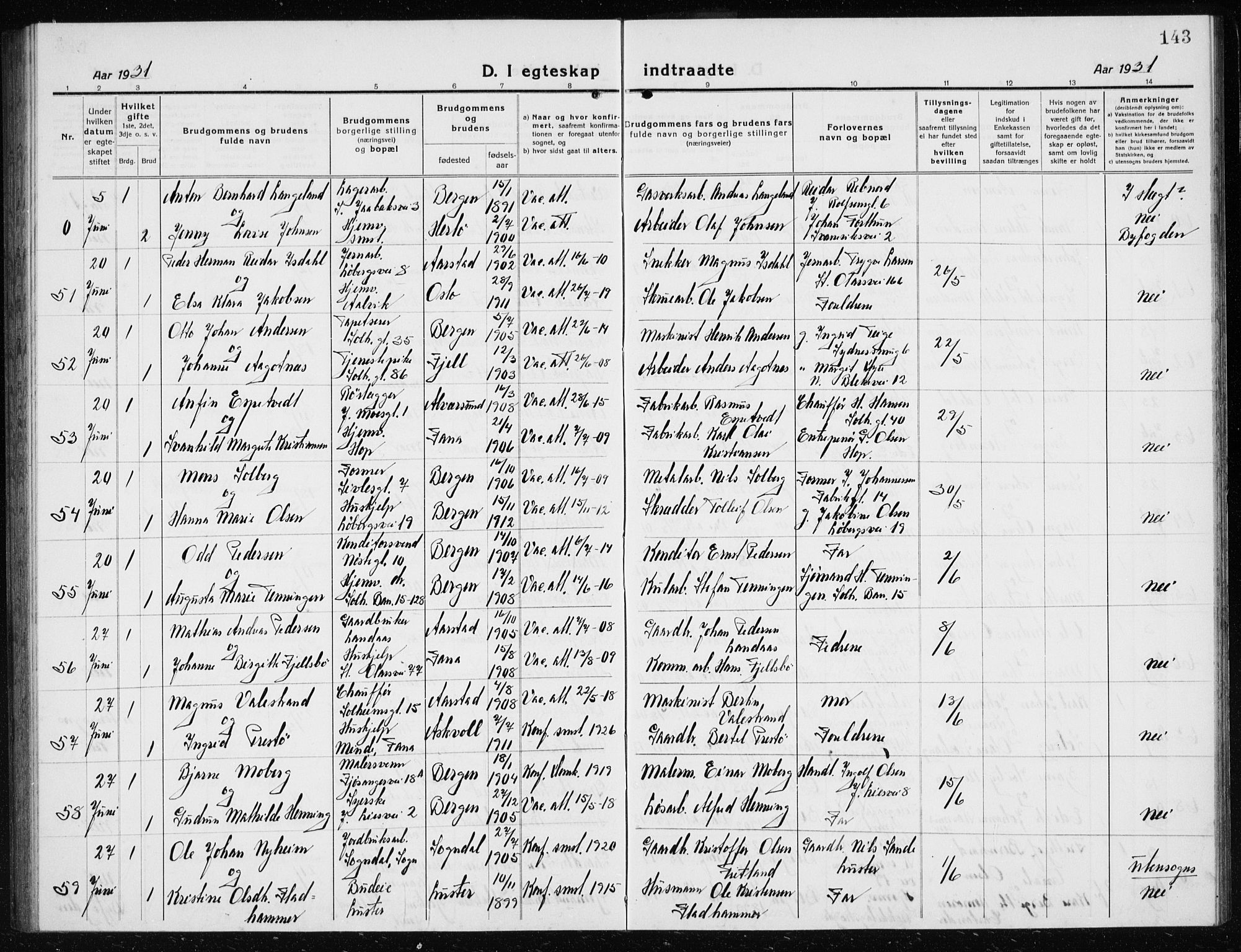 Årstad Sokneprestembete, AV/SAB-A-79301/H/Hab/L0020: Parish register (copy) no. C  2, 1920-1935, p. 143