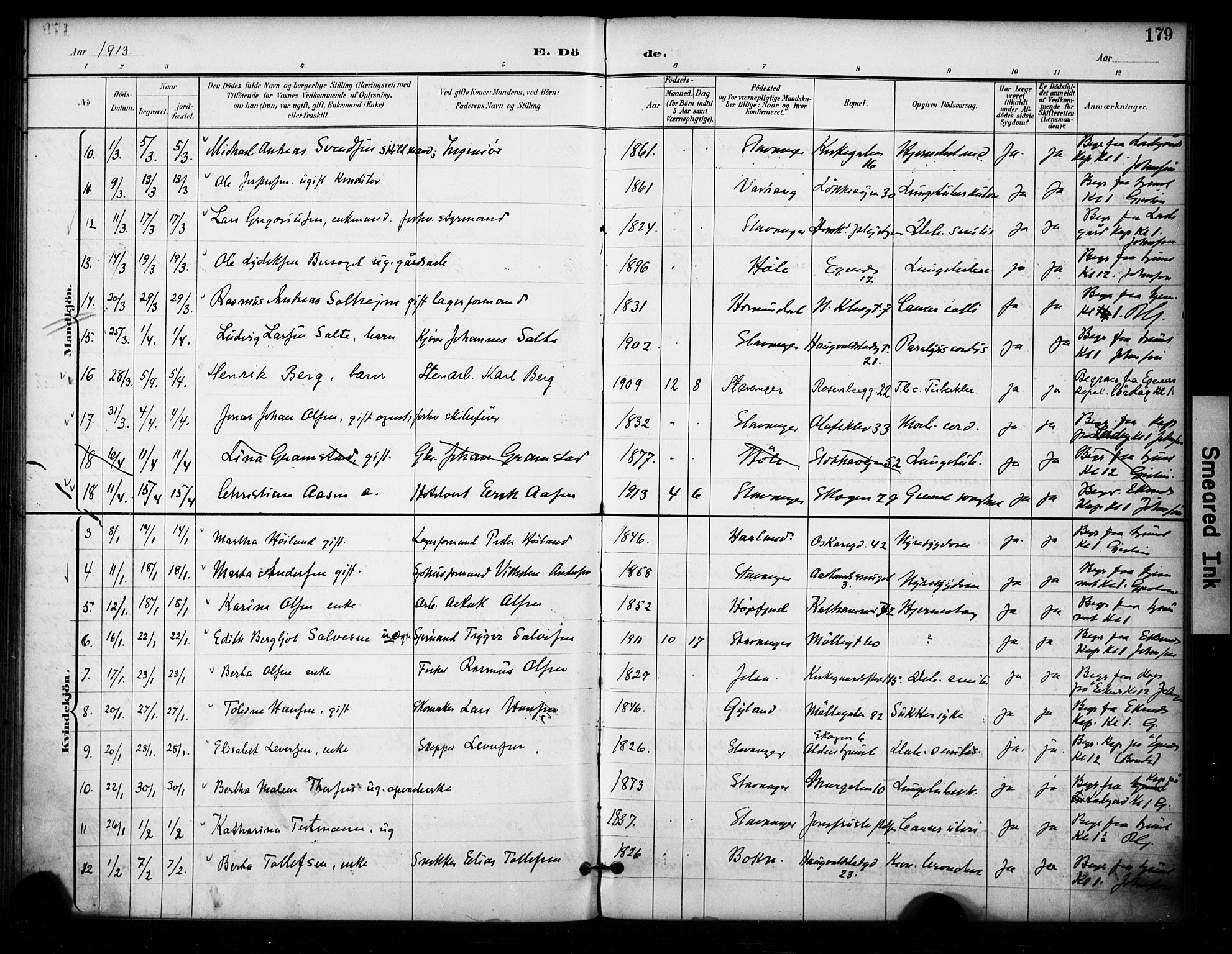 Domkirken sokneprestkontor, SAST/A-101812/001/30/30BA/L0032: Parish register (official) no. A 31, 1896-1917, p. 179