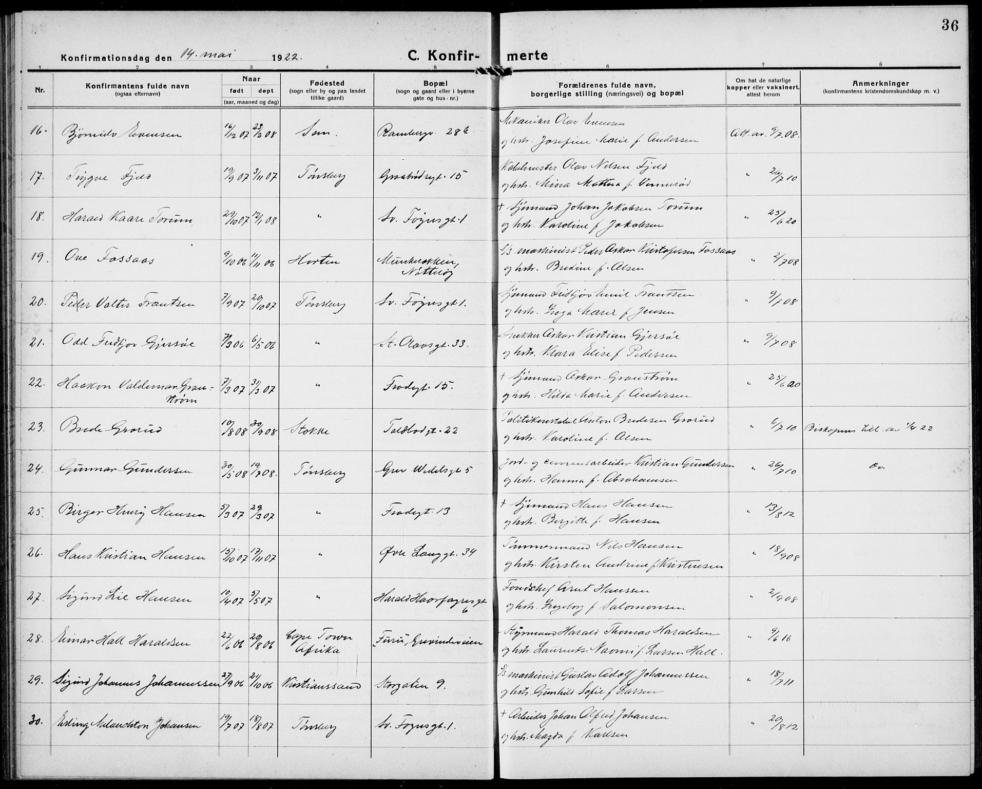 Tønsberg kirkebøker, AV/SAKO-A-330/G/Ga/L0013: Parish register (copy) no. 13, 1920-1929, p. 36