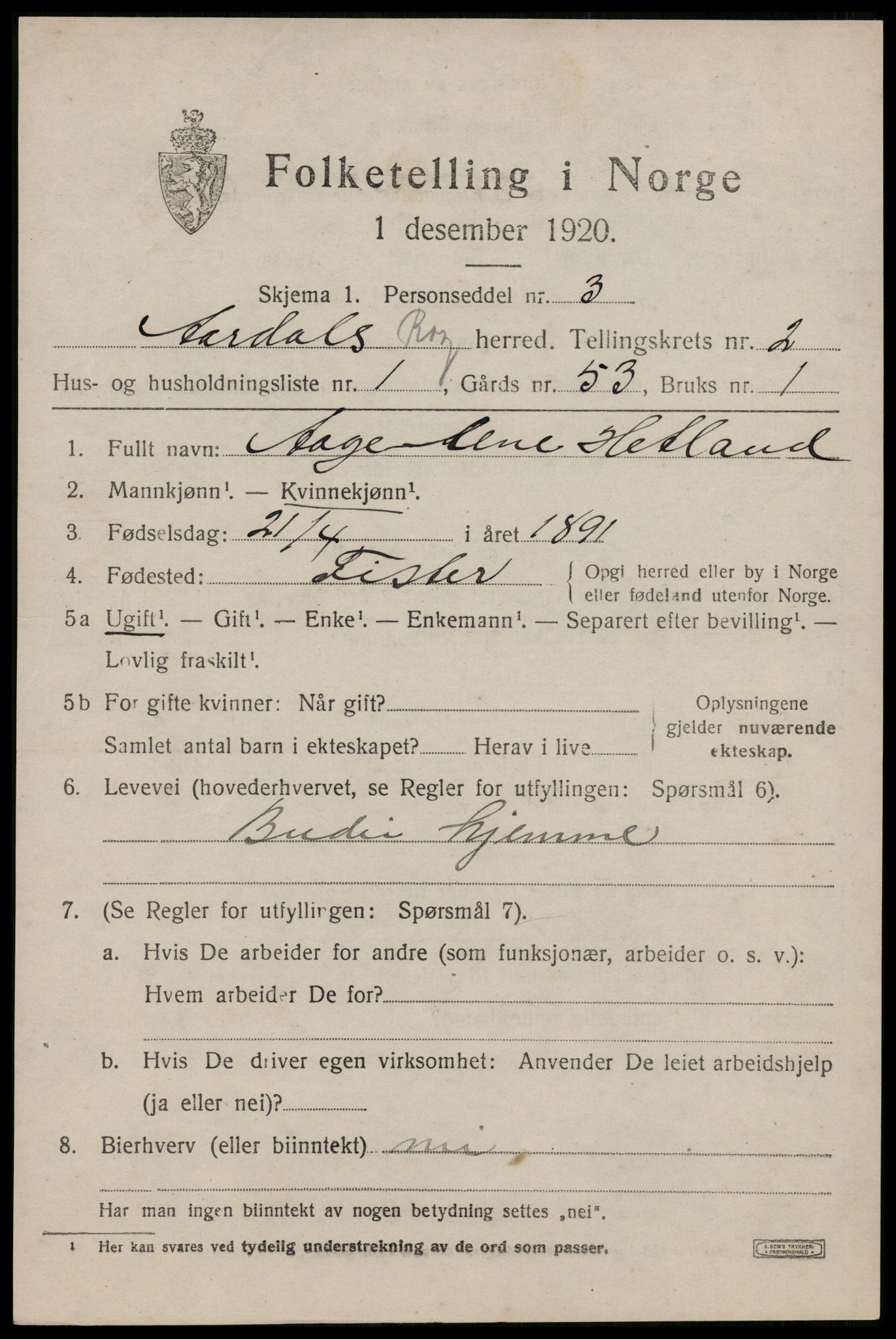 SAST, 1920 census for Årdal, 1920, p. 598