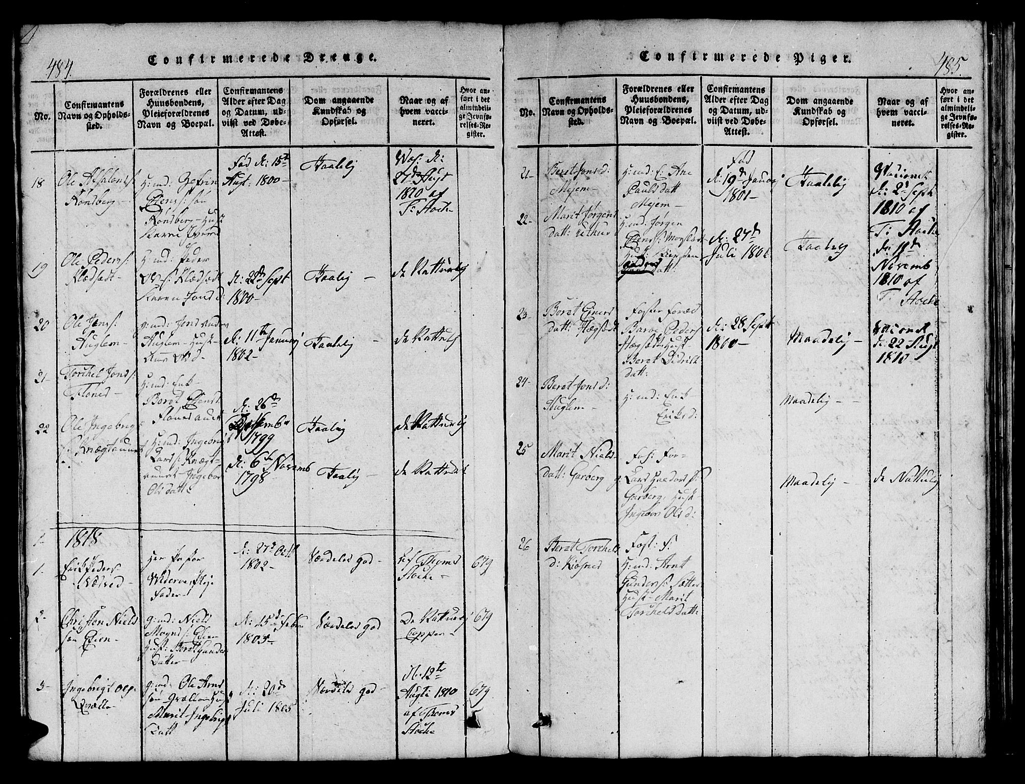 Ministerialprotokoller, klokkerbøker og fødselsregistre - Sør-Trøndelag, SAT/A-1456/695/L1152: Parish register (copy) no. 695C03, 1816-1831, p. 484-485