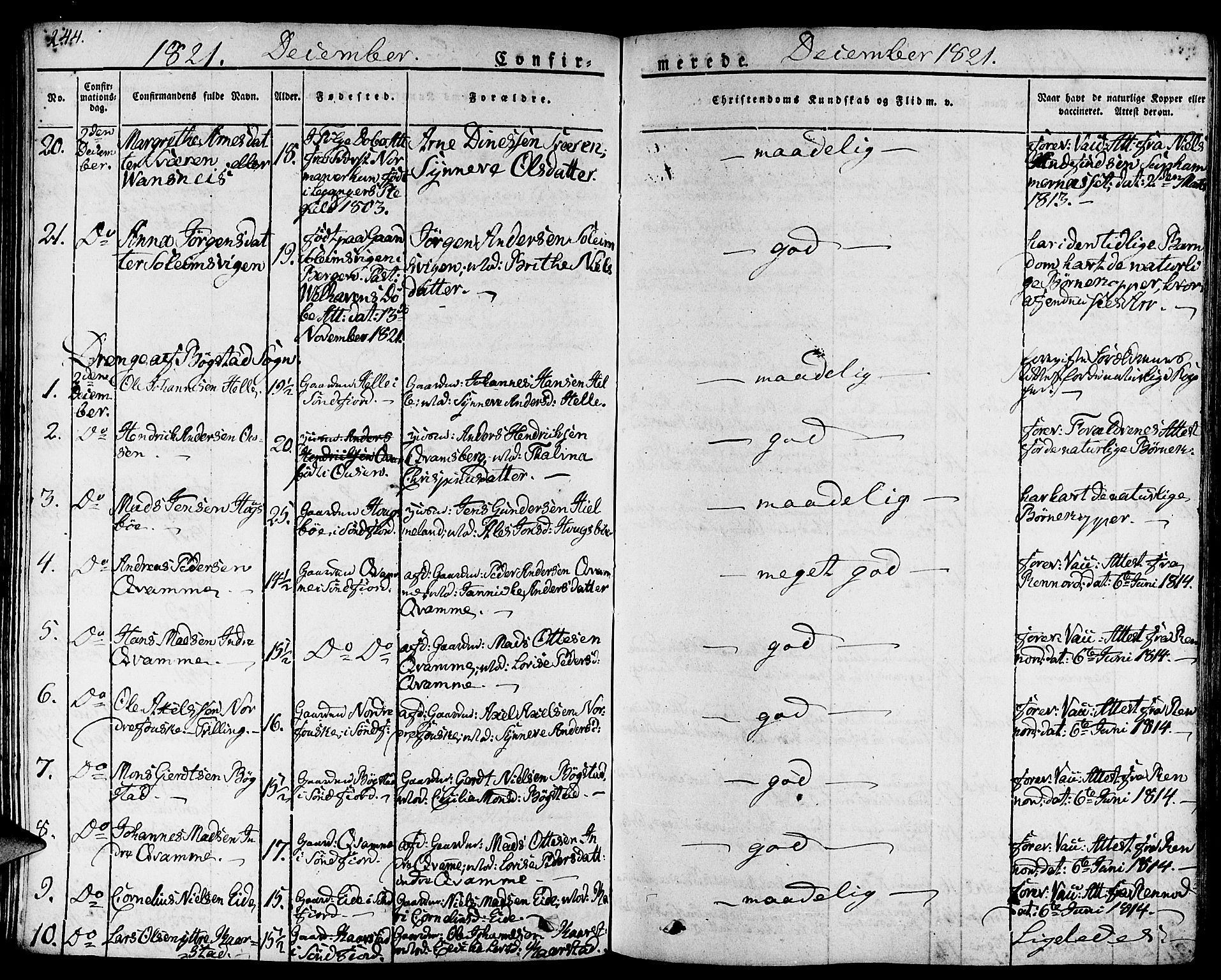 Gaular sokneprestembete, AV/SAB-A-80001/H/Haa: Parish register (official) no. A 3, 1821-1840, p. 244