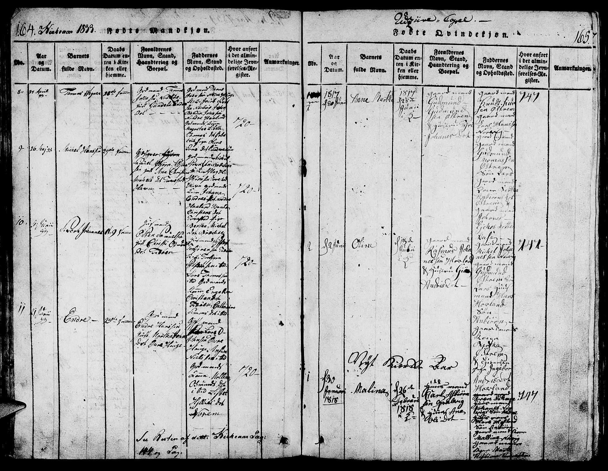 Torvastad sokneprestkontor, SAST/A -101857/H/Ha/Hab/L0001: Parish register (copy) no. B 1 /2, 1817-1834, p. 164-165
