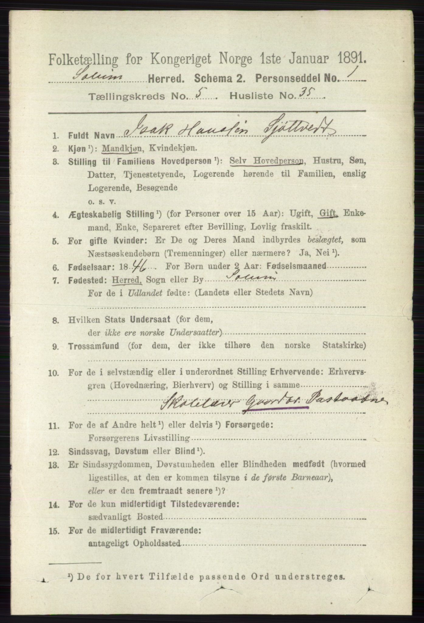 RA, 1891 census for 0818 Solum, 1891, p. 1049