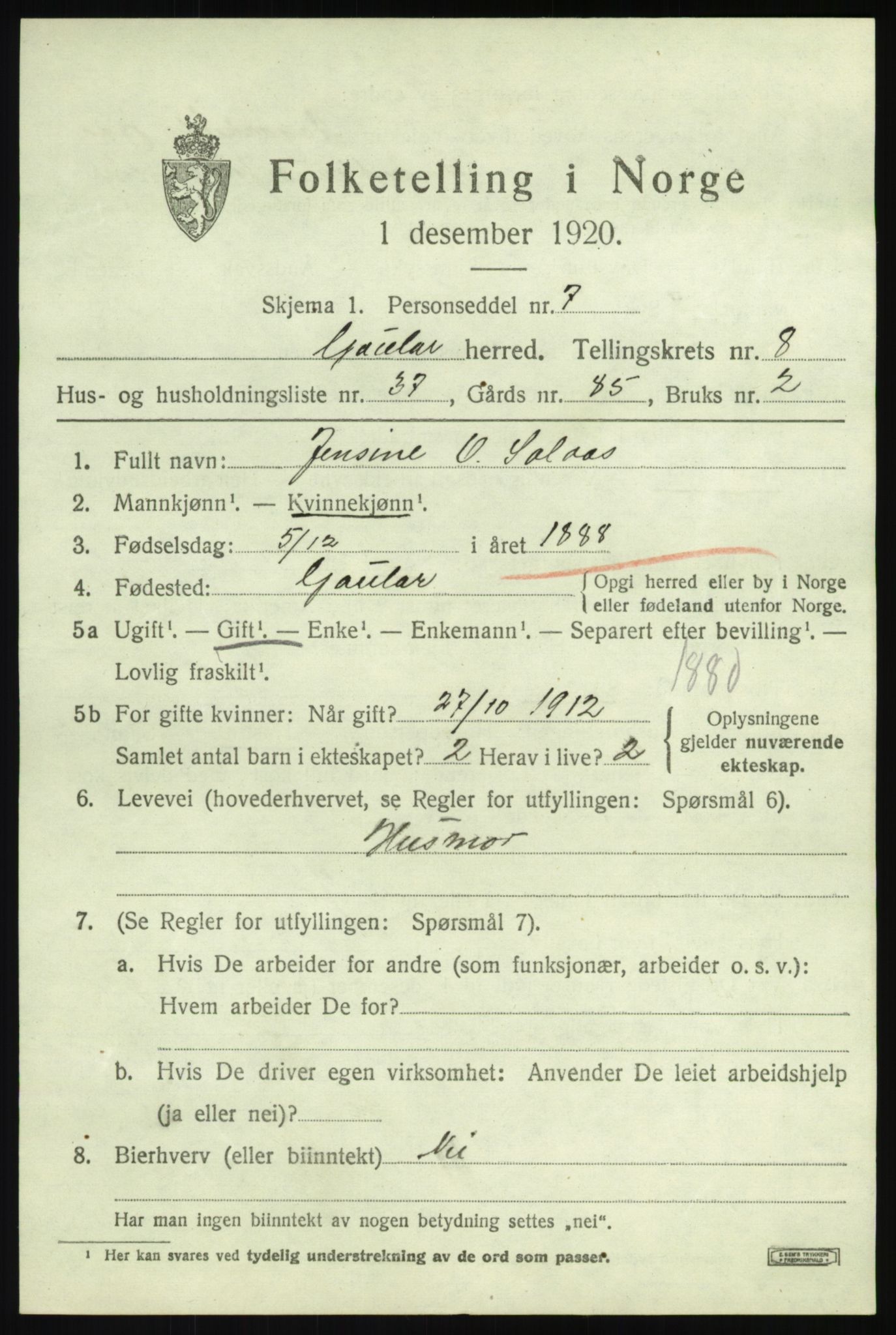 SAB, 1920 census for Gaular, 1920, p. 4158