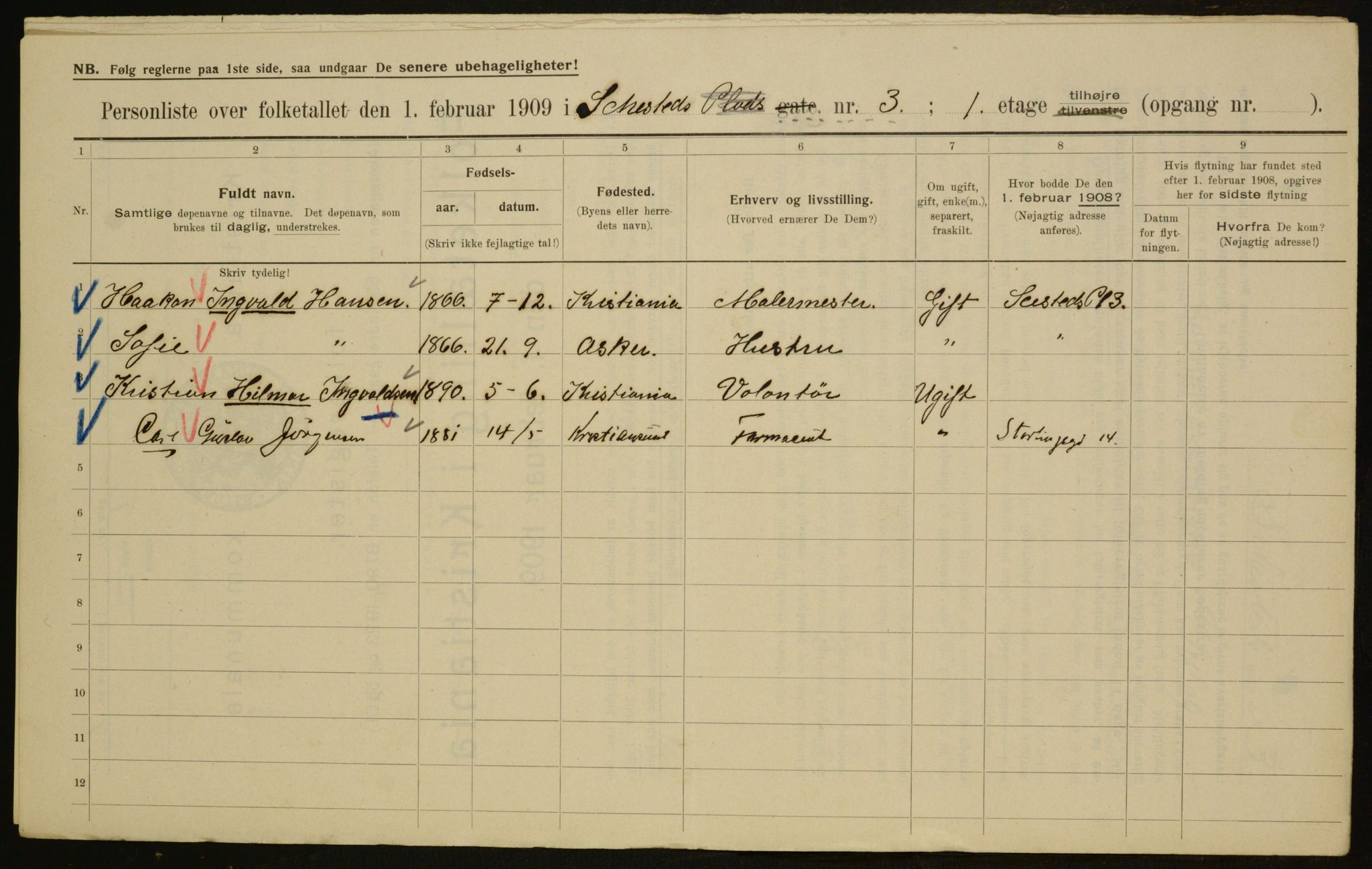 OBA, Municipal Census 1909 for Kristiania, 1909, p. 85137