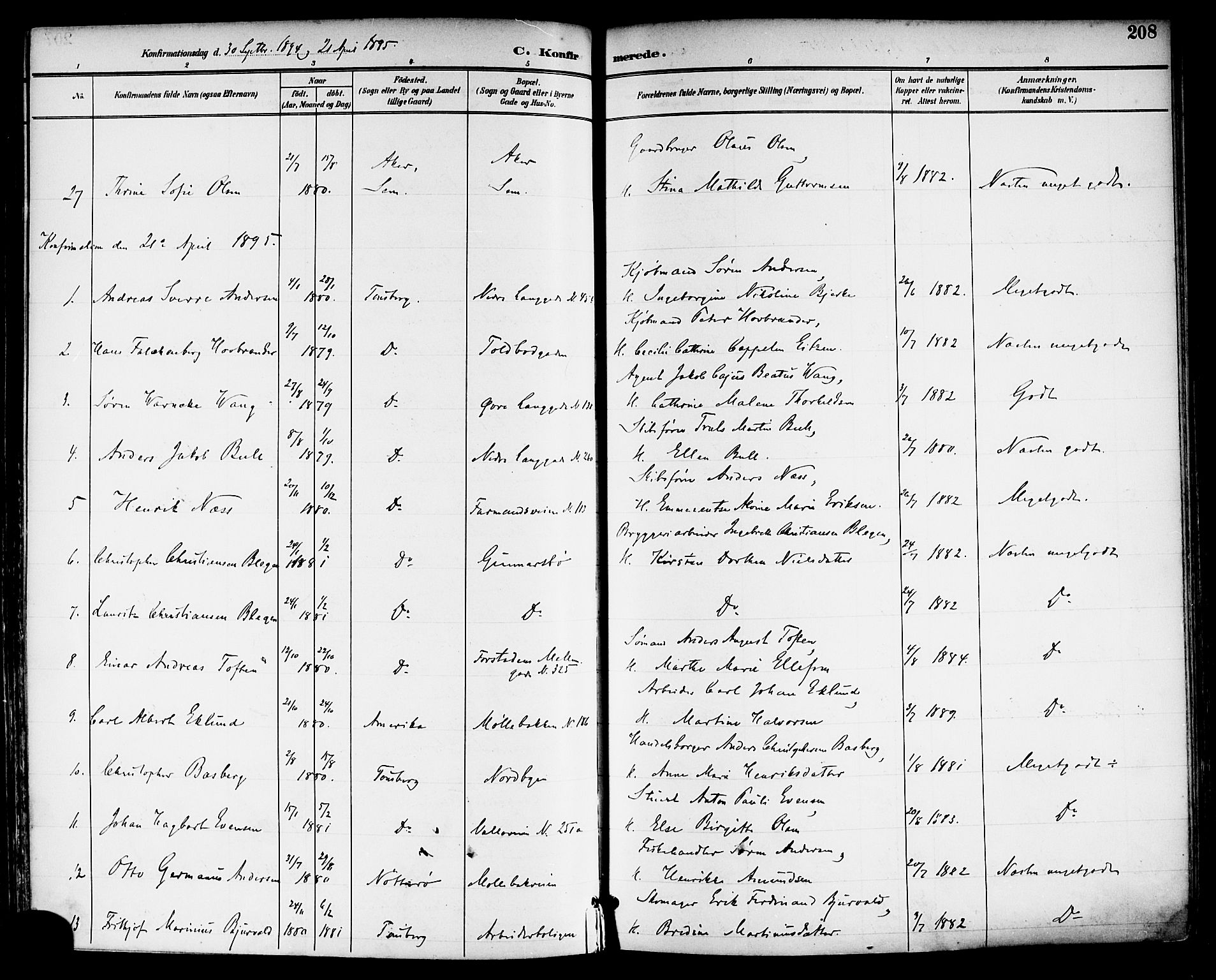Tønsberg kirkebøker, SAKO/A-330/F/Fa/L0012: Parish register (official) no. I 12, 1891-1899, p. 208
