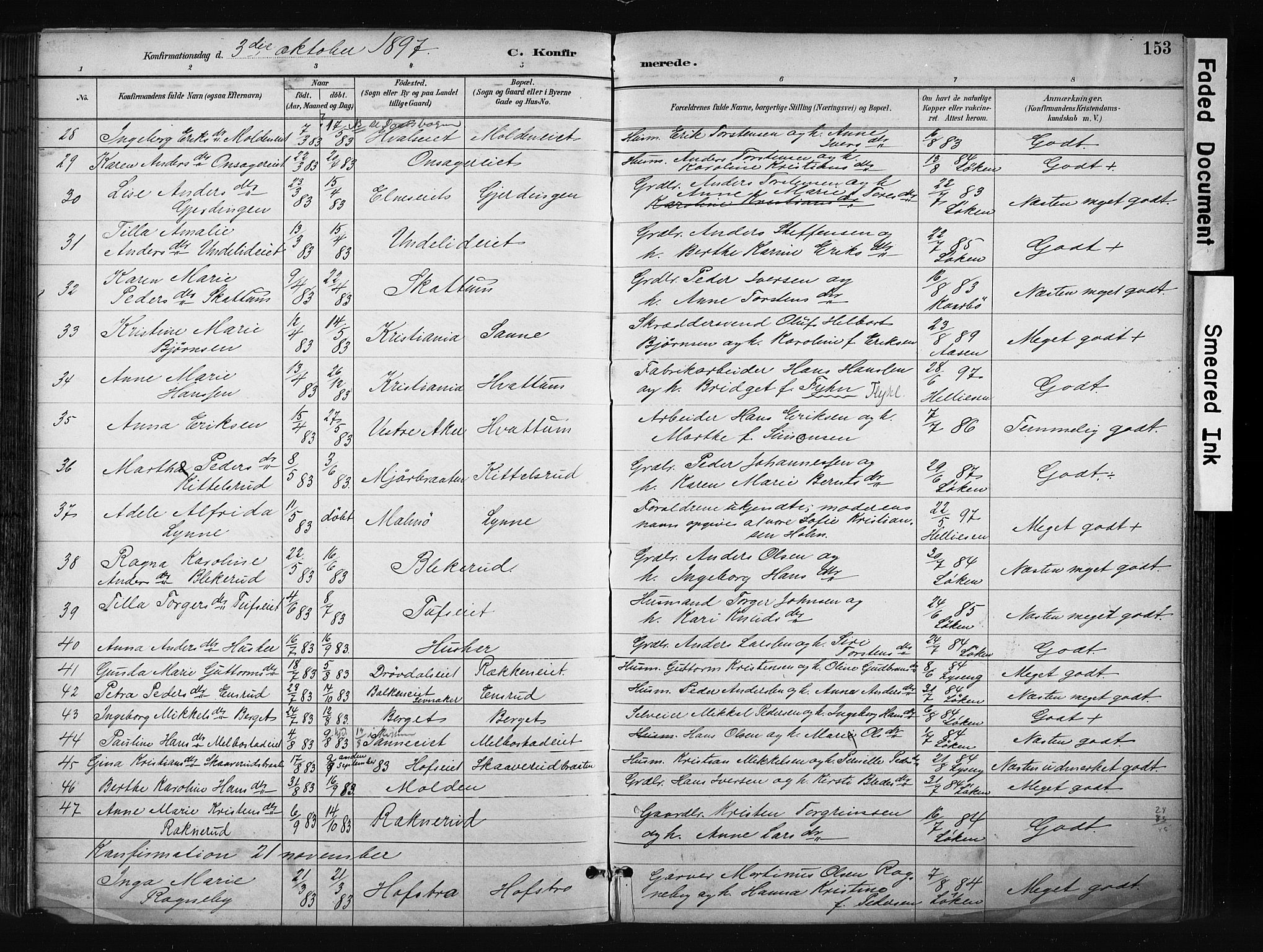 Gran prestekontor, AV/SAH-PREST-112/H/Ha/Haa/L0017: Parish register (official) no. 17, 1889-1897, p. 153