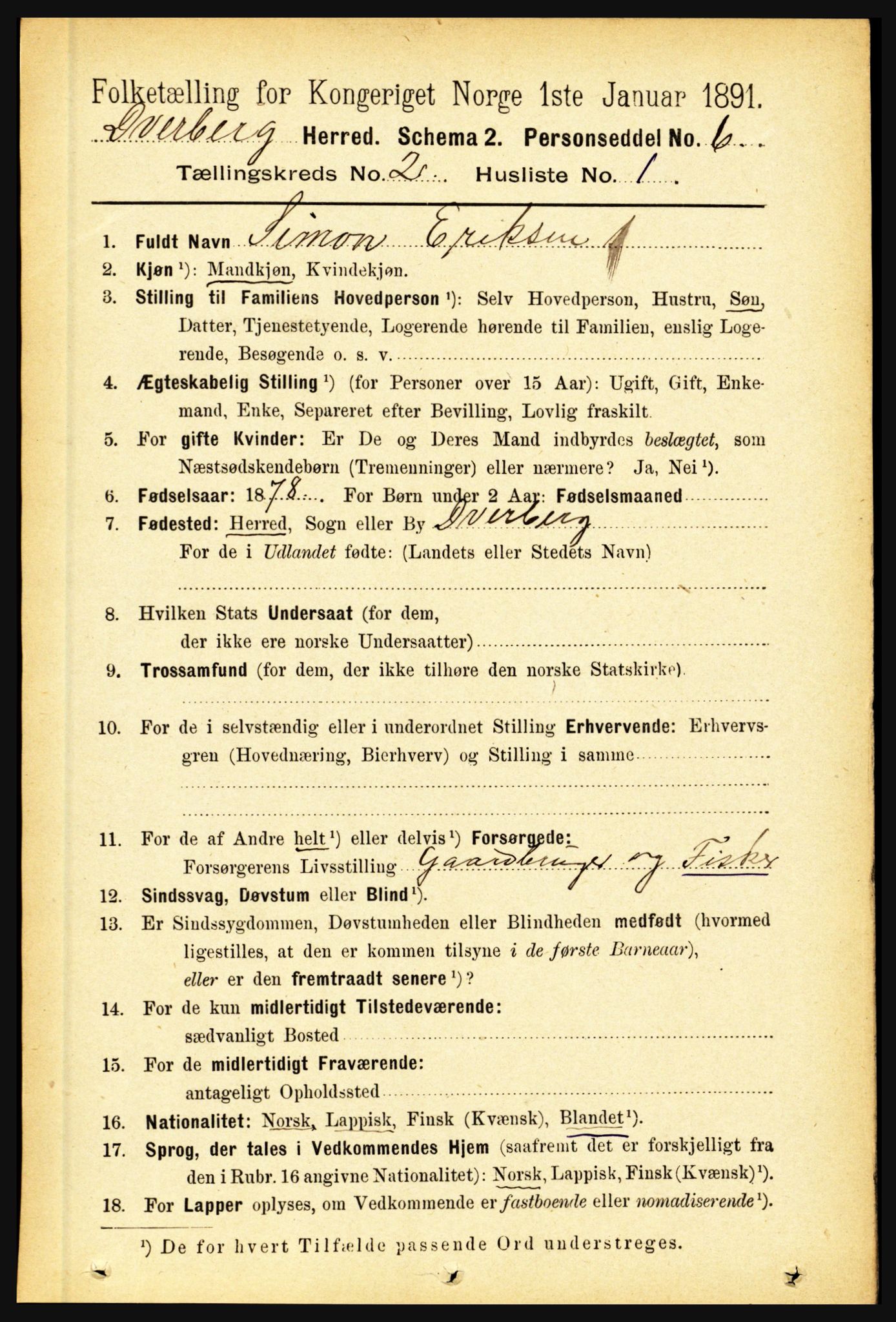 RA, 1891 census for 1872 Dverberg, 1891, p. 631