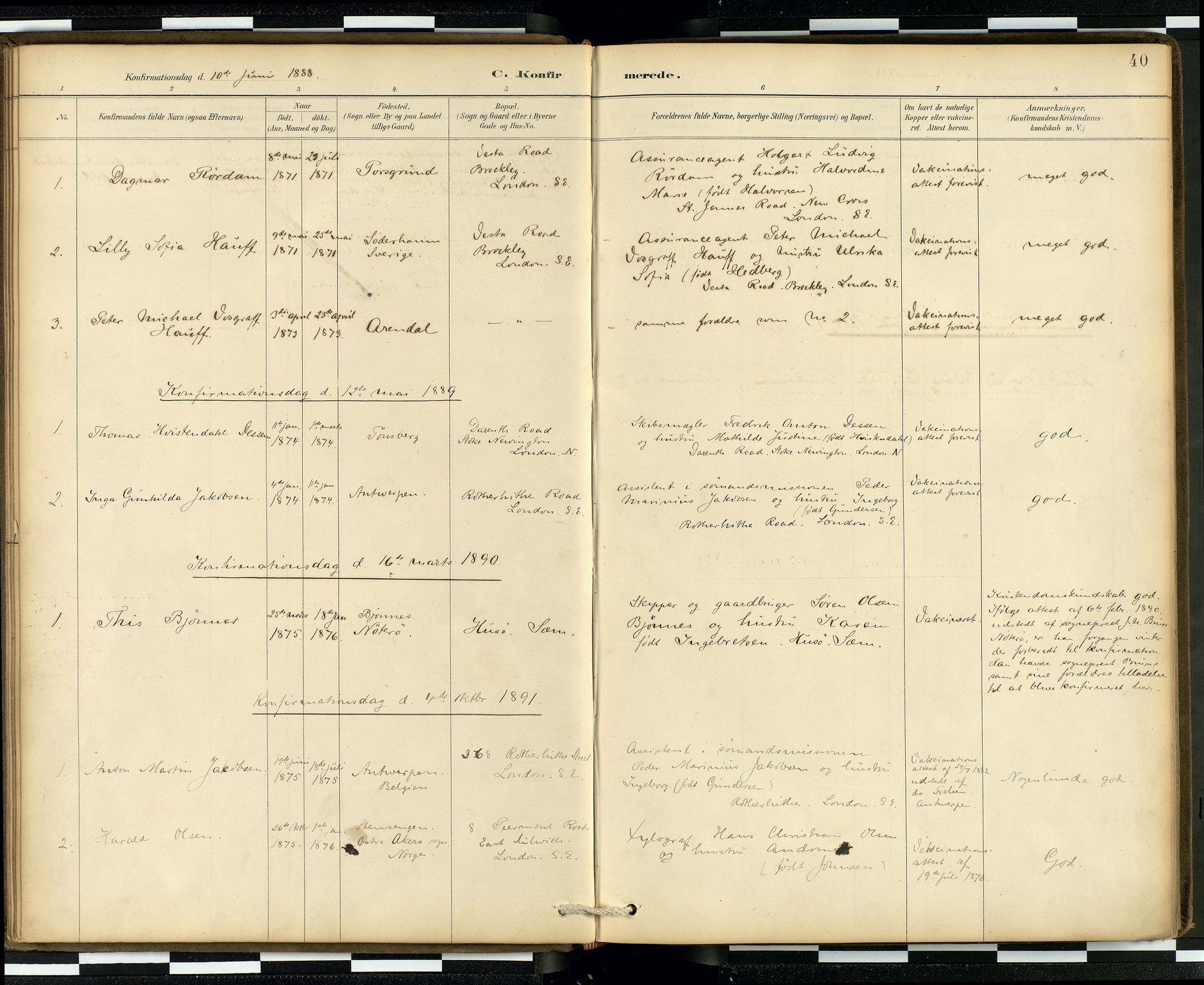  Den norske sjømannsmisjon i utlandet/London m/bistasjoner, SAB/SAB/PA-0103/H/Ha/L0002: Parish register (official) no. A 2, 1887-1903, p. 39b-40a